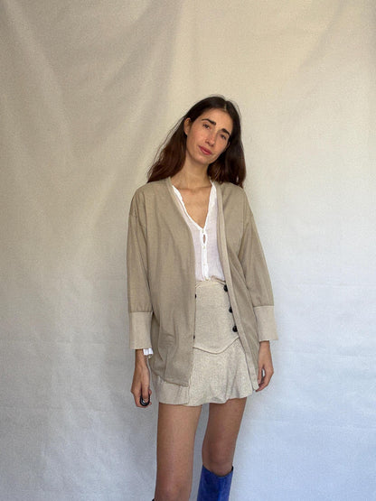 Beige Cotton Cardigan with Ribbed Detailing — detail