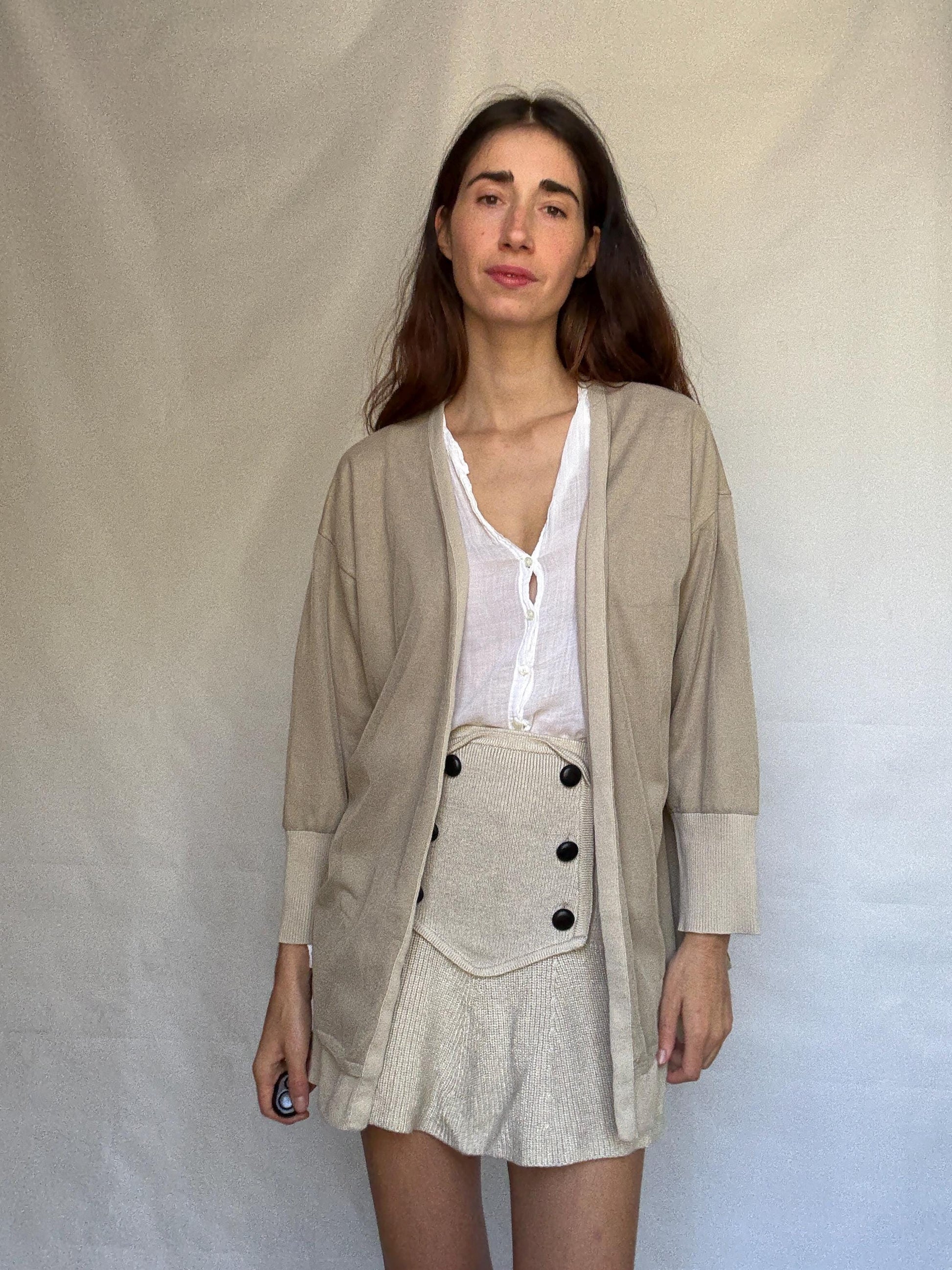 Armani Exchange beige cardigan, 100% cotton, open, front style, ribbed cuffs and hem, minimalist Sofia Richie Grainge style, US XL