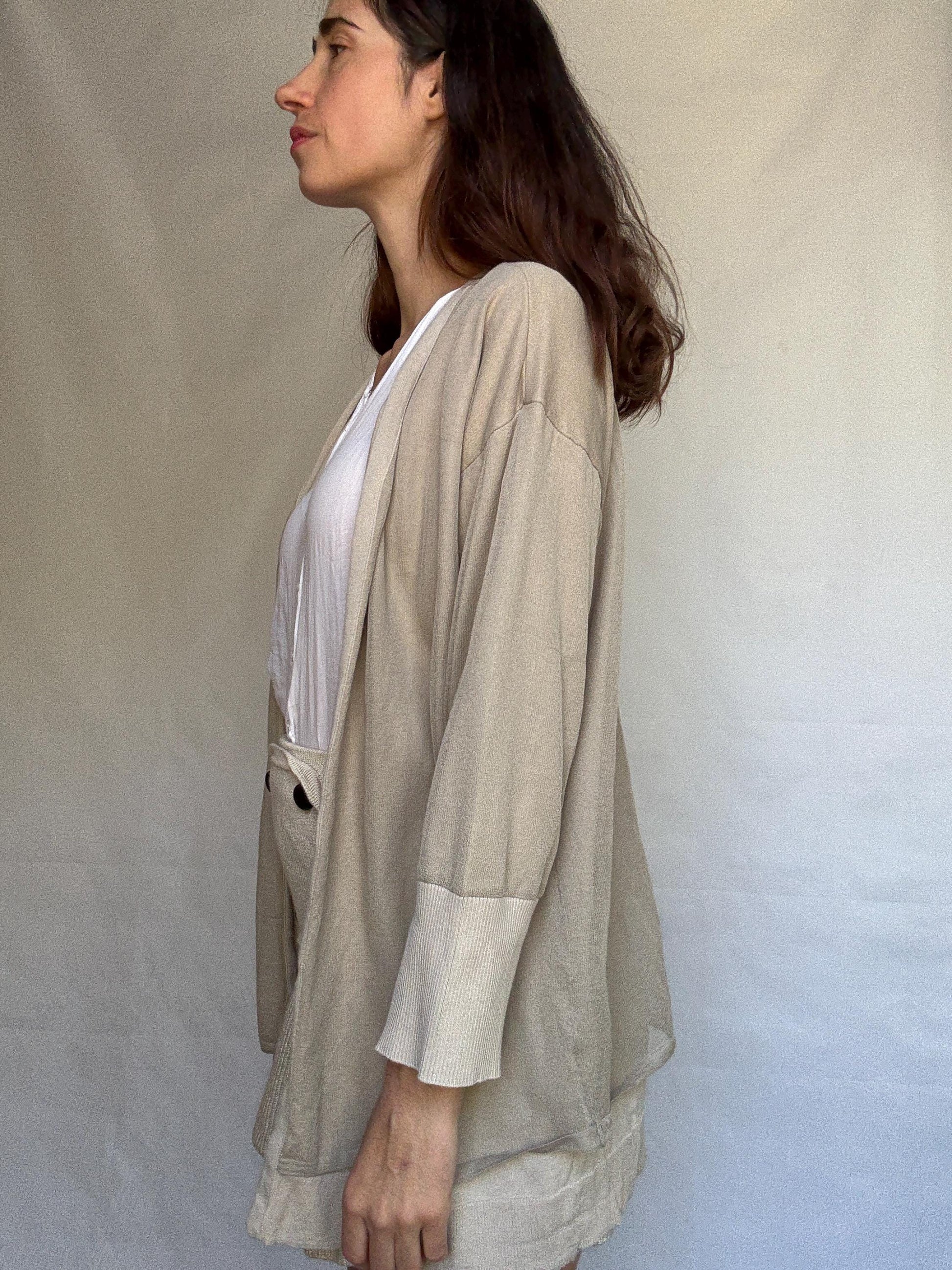 Armani Exchange beige cardigan, 100% cotton, open, front style, ribbed cuffs and hem, minimalist Sofia Richie Grainge style, US XL