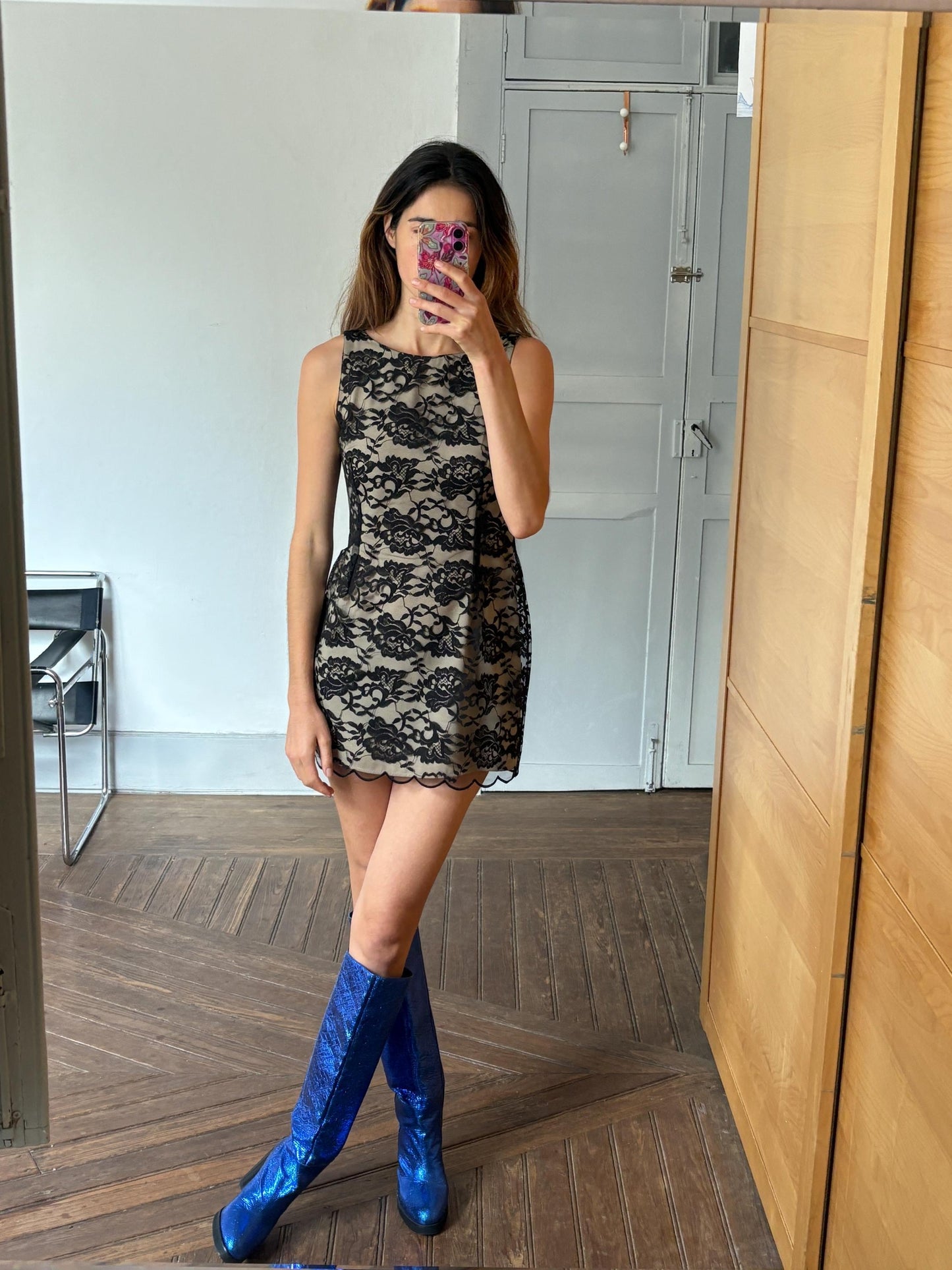 Vintage black lace overlay mini dress with floral details, size S