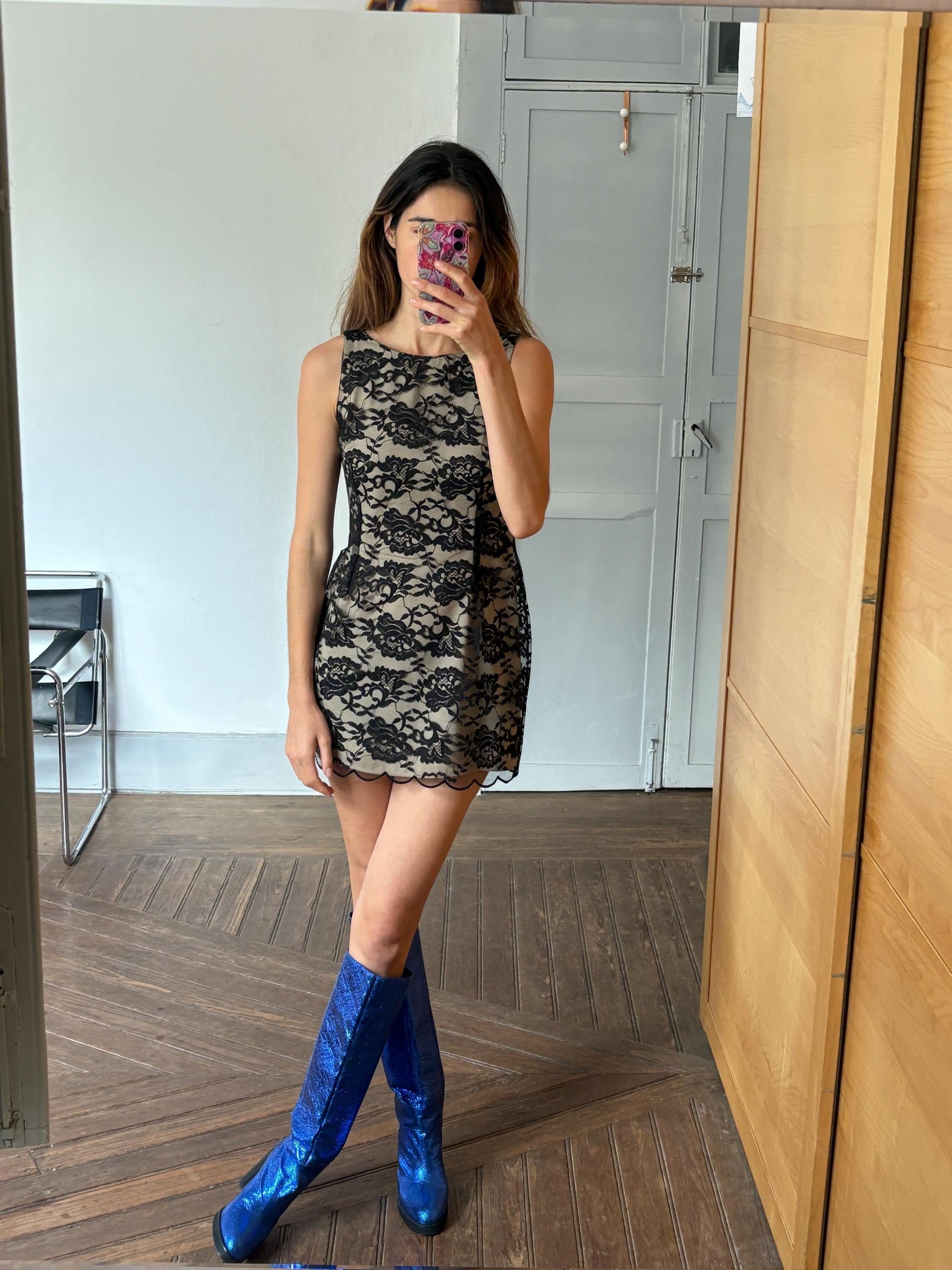 Vintage black lace overlay mini dress with floral details, size S