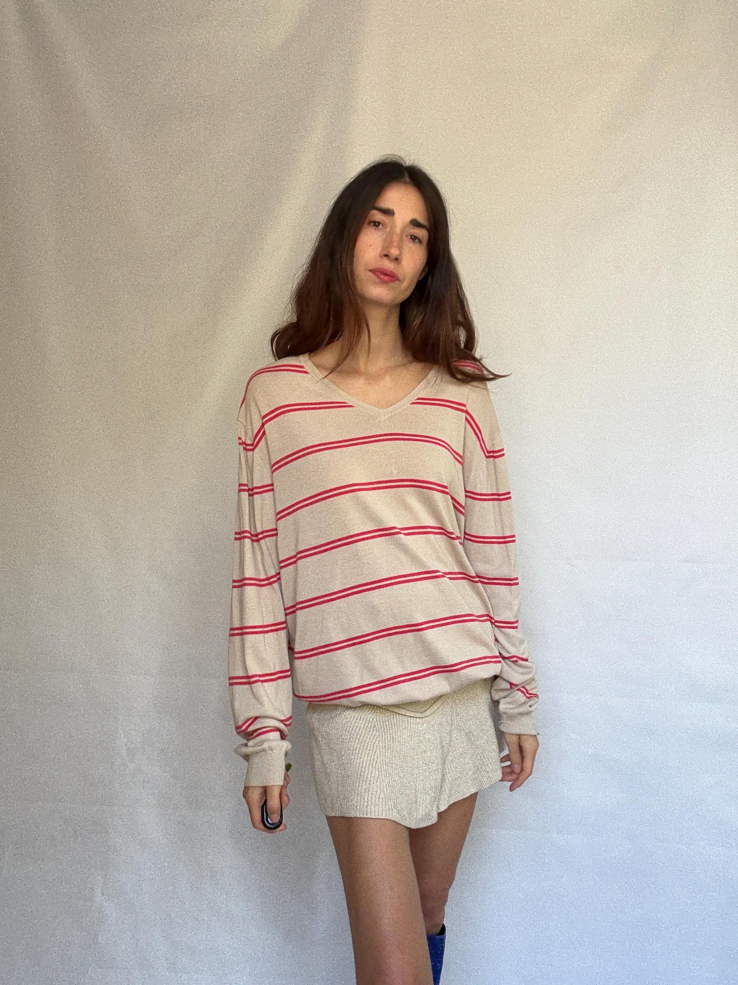 Massimo Dutti beige striped jumper, 100% extra fine cotton, ribbed cuffs and hem, minimalist Ashley Olsen vibe, US XL, casual streetwear