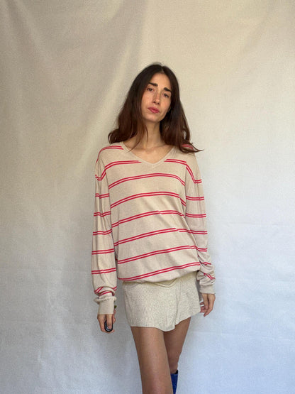Beige Striped Cotton Jumper With Ribbed Cuffs — fabric close-up