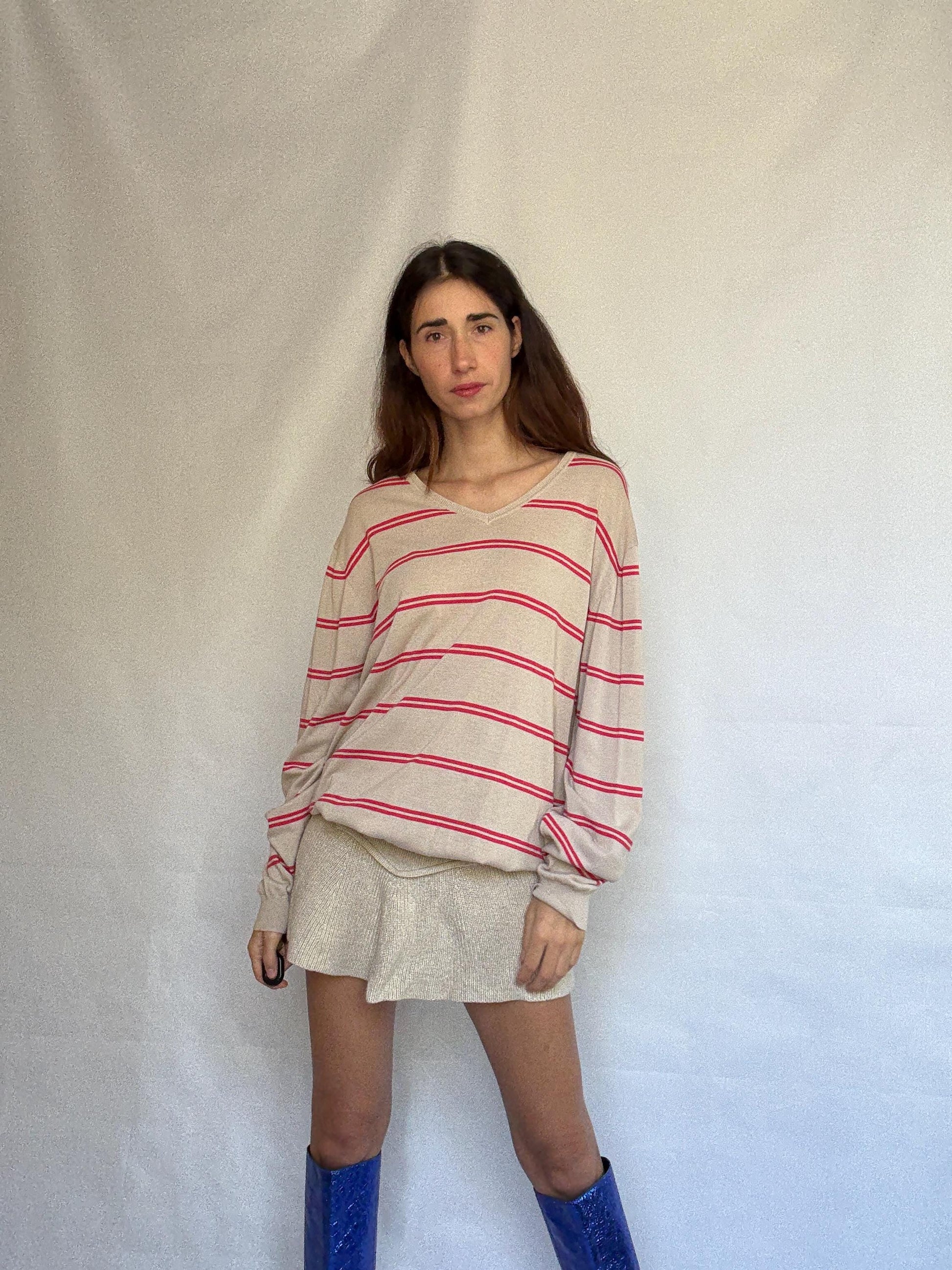 Massimo Dutti beige striped jumper, 100% extra fine cotton, ribbed cuffs and hem, minimalist Ashley Olsen vibe, US XL, casual streetwear