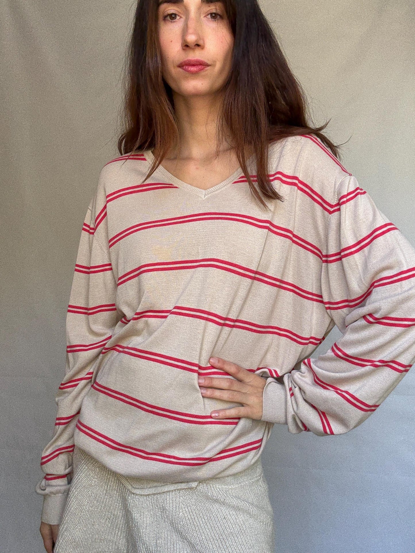 Massimo Dutti beige striped jumper, 100% extra fine cotton, ribbed cuffs and hem, minimalist Ashley Olsen vibe, US XL, casual streetwear