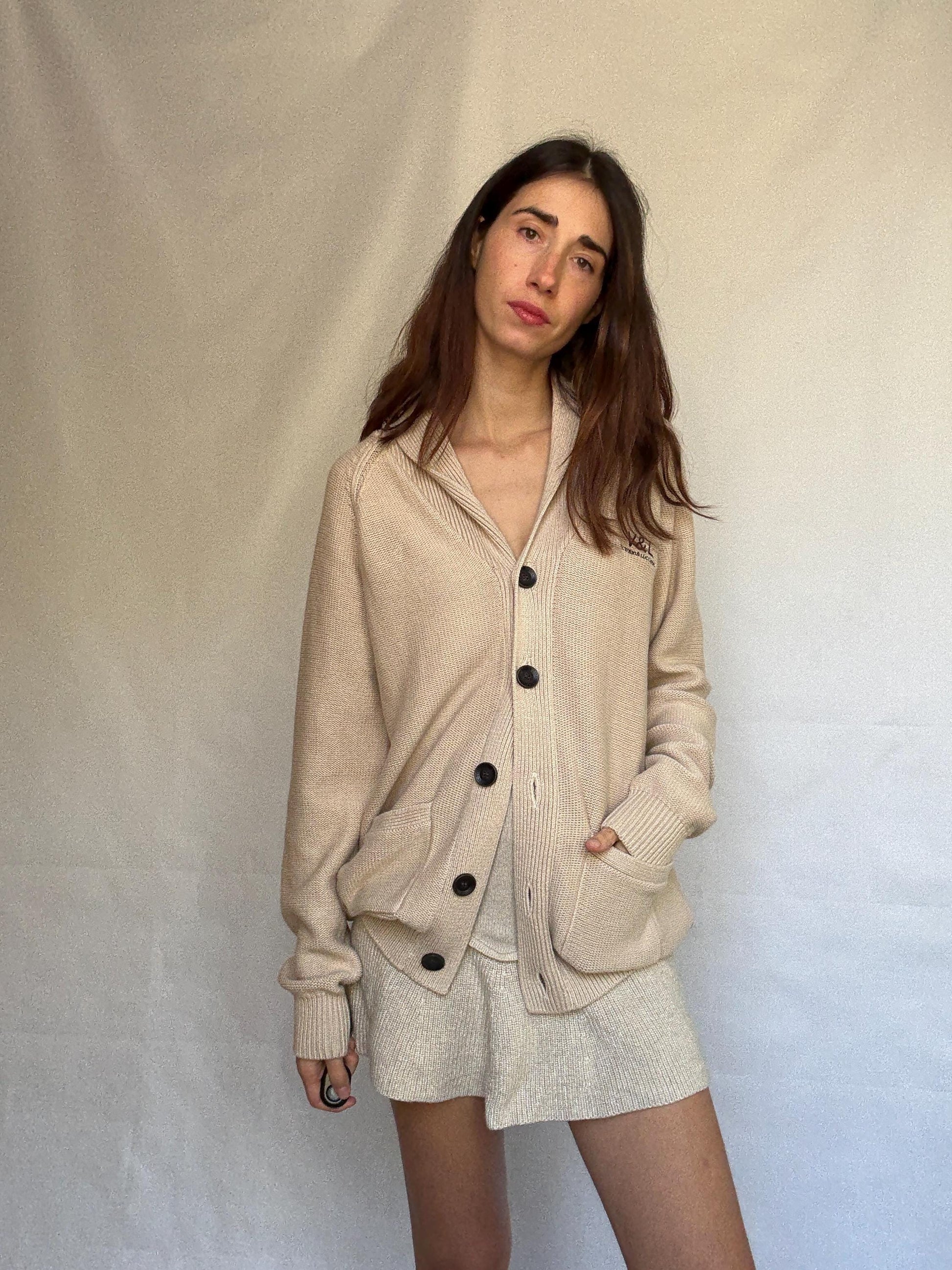 Vintage beige cardigan, 100% cotton, shawl collar, front button closure, embroidered logo, minimalist casual, US XL, everyday layering