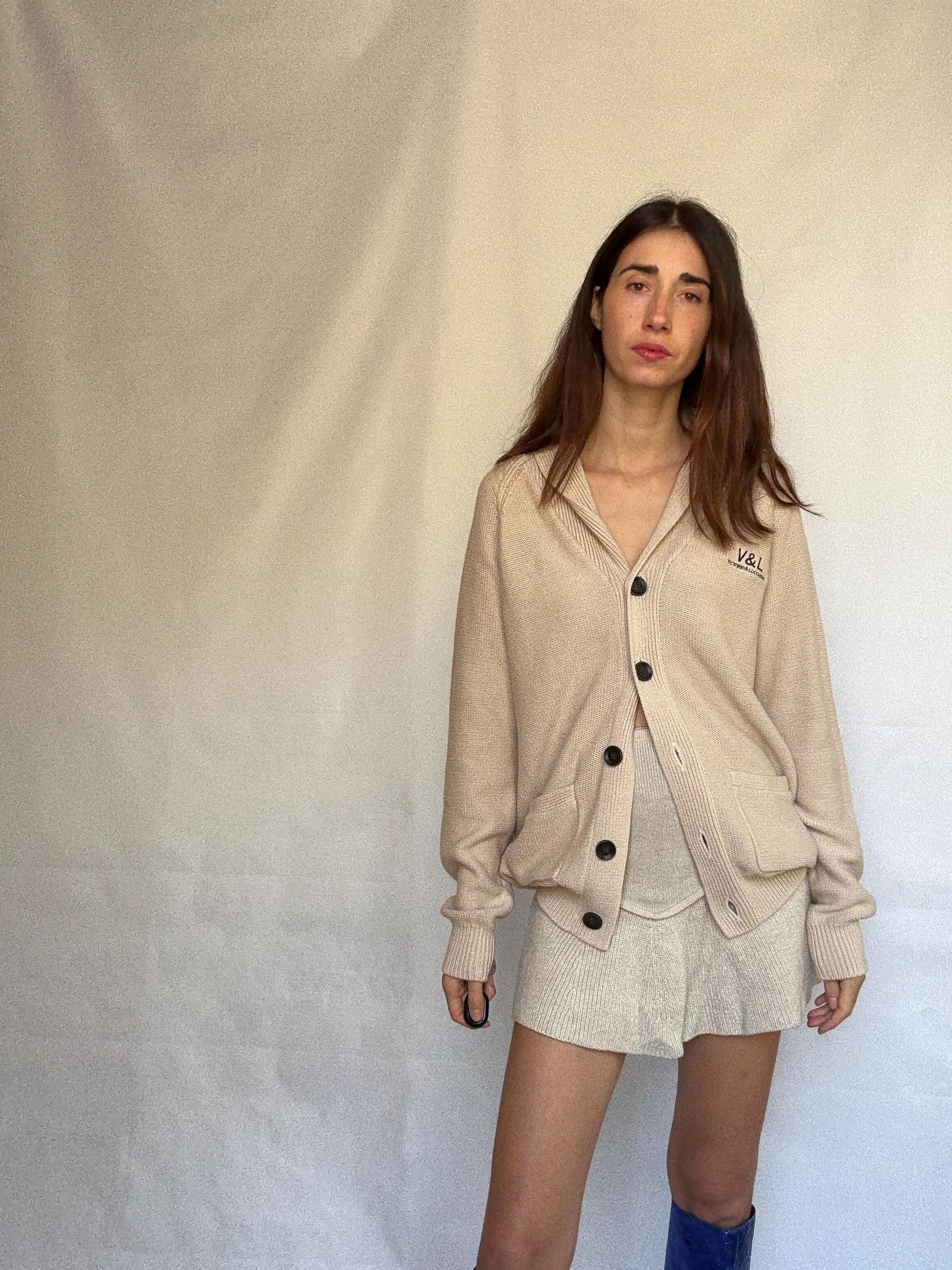 Vintage beige cardigan, 100% cotton, shawl collar, front button closure, embroidered logo, minimalist casual, US XL, everyday layering