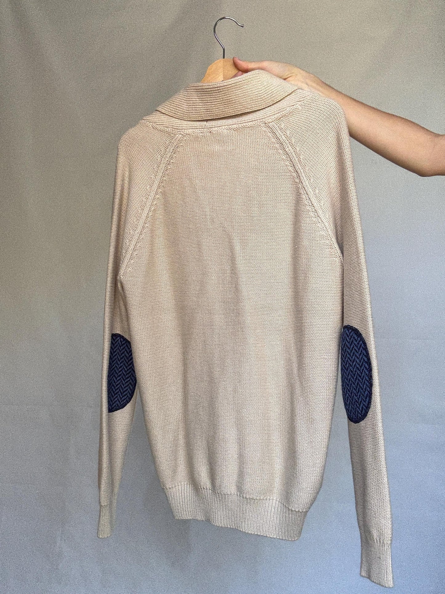 Vintage beige cardigan, 100% cotton, shawl collar, front button closure, embroidered logo, minimalist casual, US XL, everyday layering