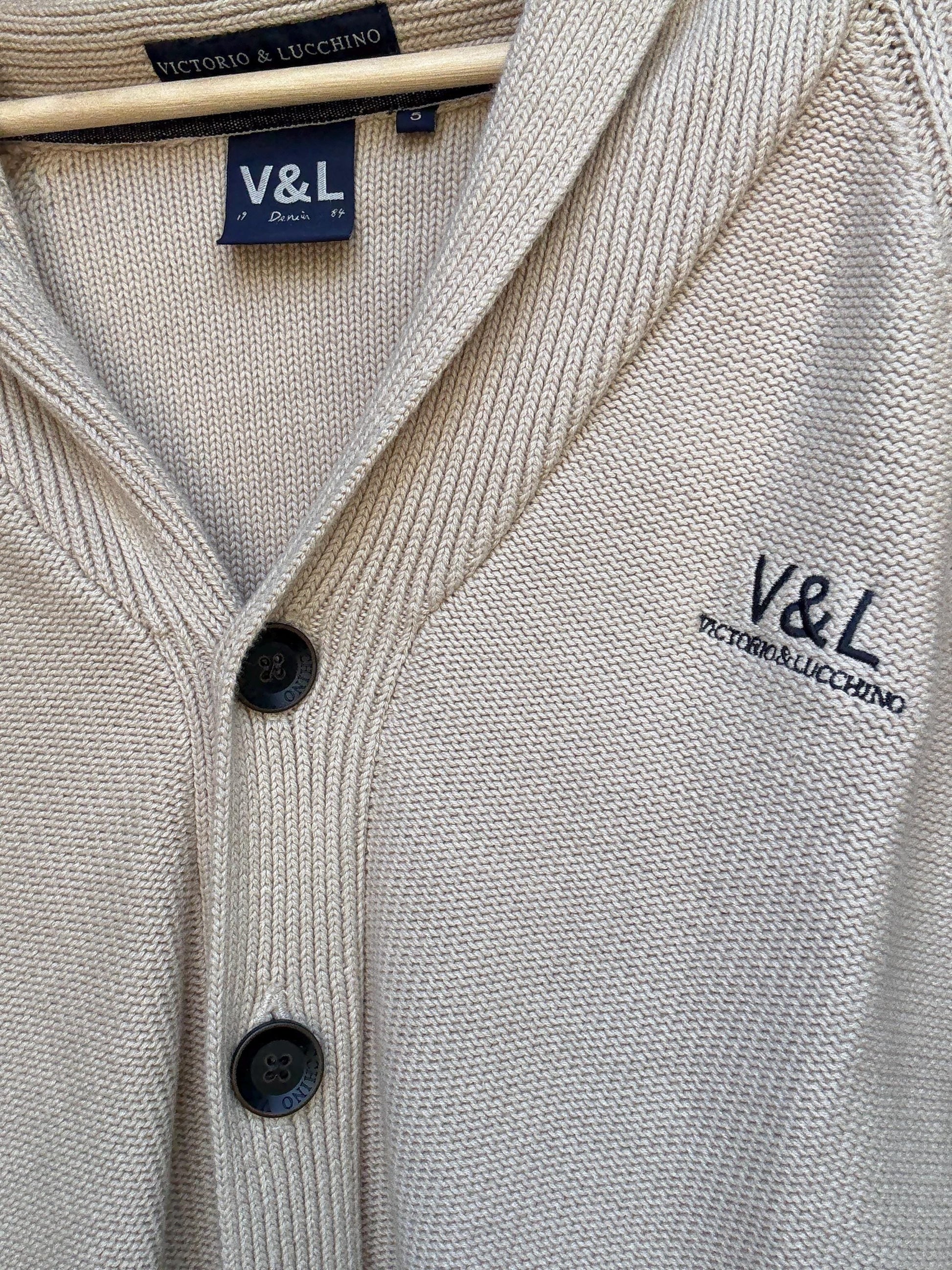 Vintage beige cardigan, 100% cotton, shawl collar, front button closure, embroidered logo, minimalist casual, US XL, everyday layering