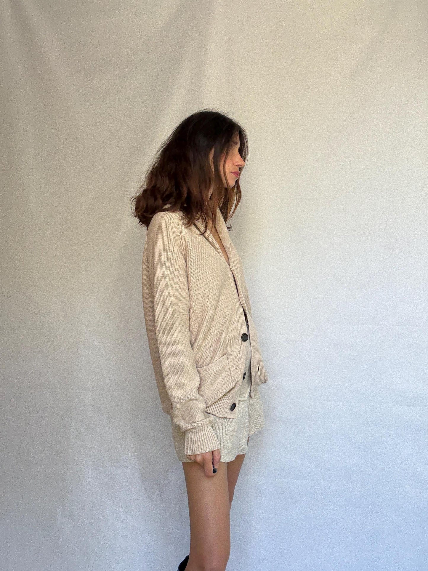 Vintage beige cardigan, 100% cotton, shawl collar, front button closure, embroidered logo, minimalist casual, US XL, everyday layering