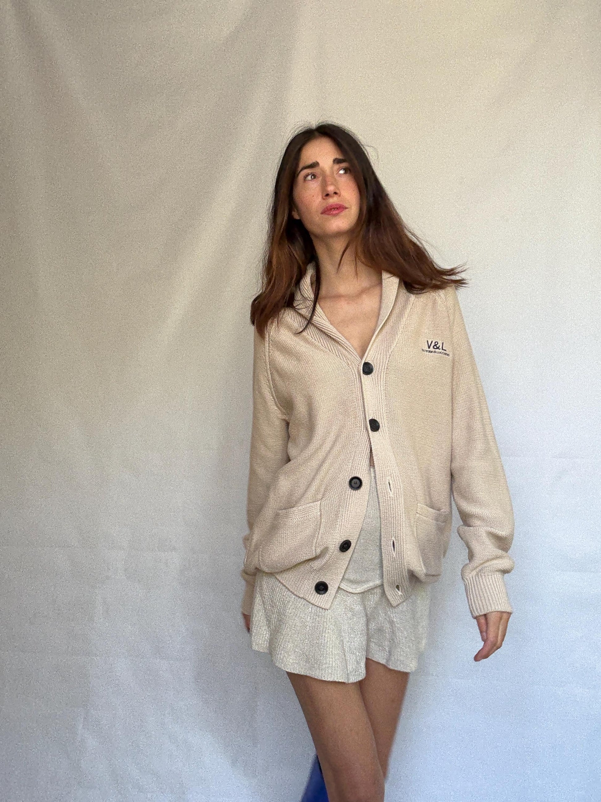 Vintage beige cardigan, 100% cotton, shawl collar, front button closure, embroidered logo, minimalist casual, US XL, everyday layering