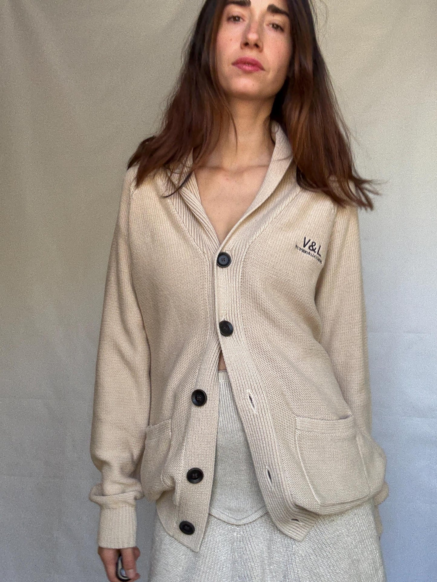 Vintage beige cardigan, 100% cotton, shawl collar, front button closure, embroidered logo, minimalist casual, US XL, everyday layering