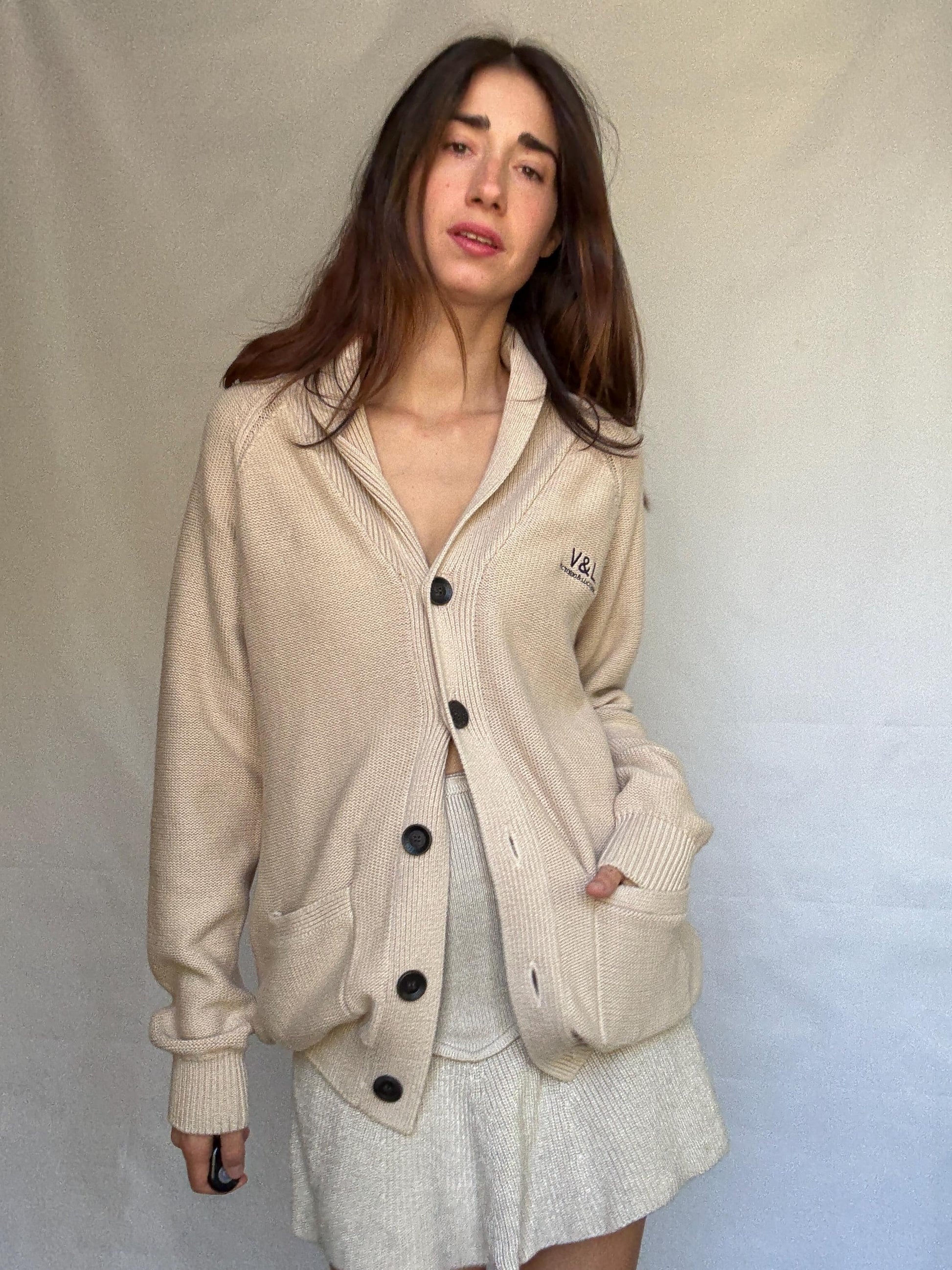 Vintage beige cardigan, 100% cotton, shawl collar, front button closure, embroidered logo, minimalist casual, US XL, everyday layering
