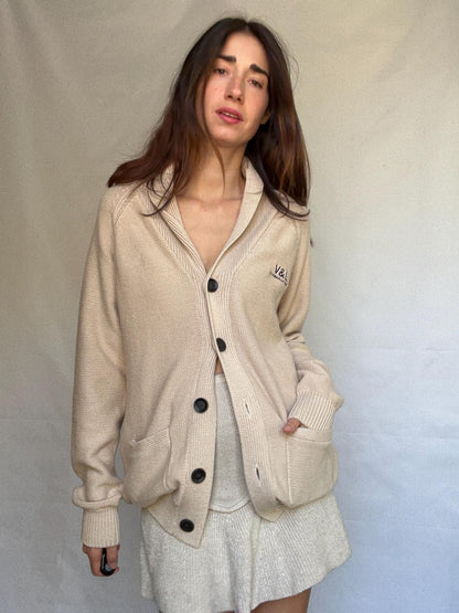 Beige Cotton Shawl Collar Cardigan
