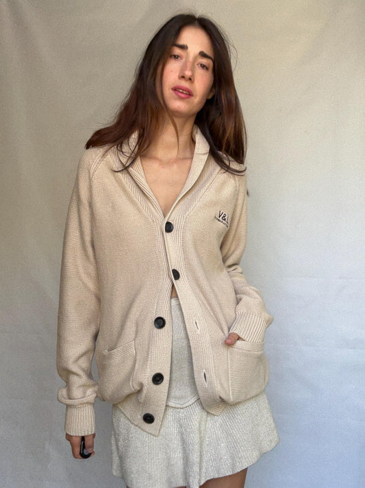 Beige Cotton Shawl Collar Cardigan
