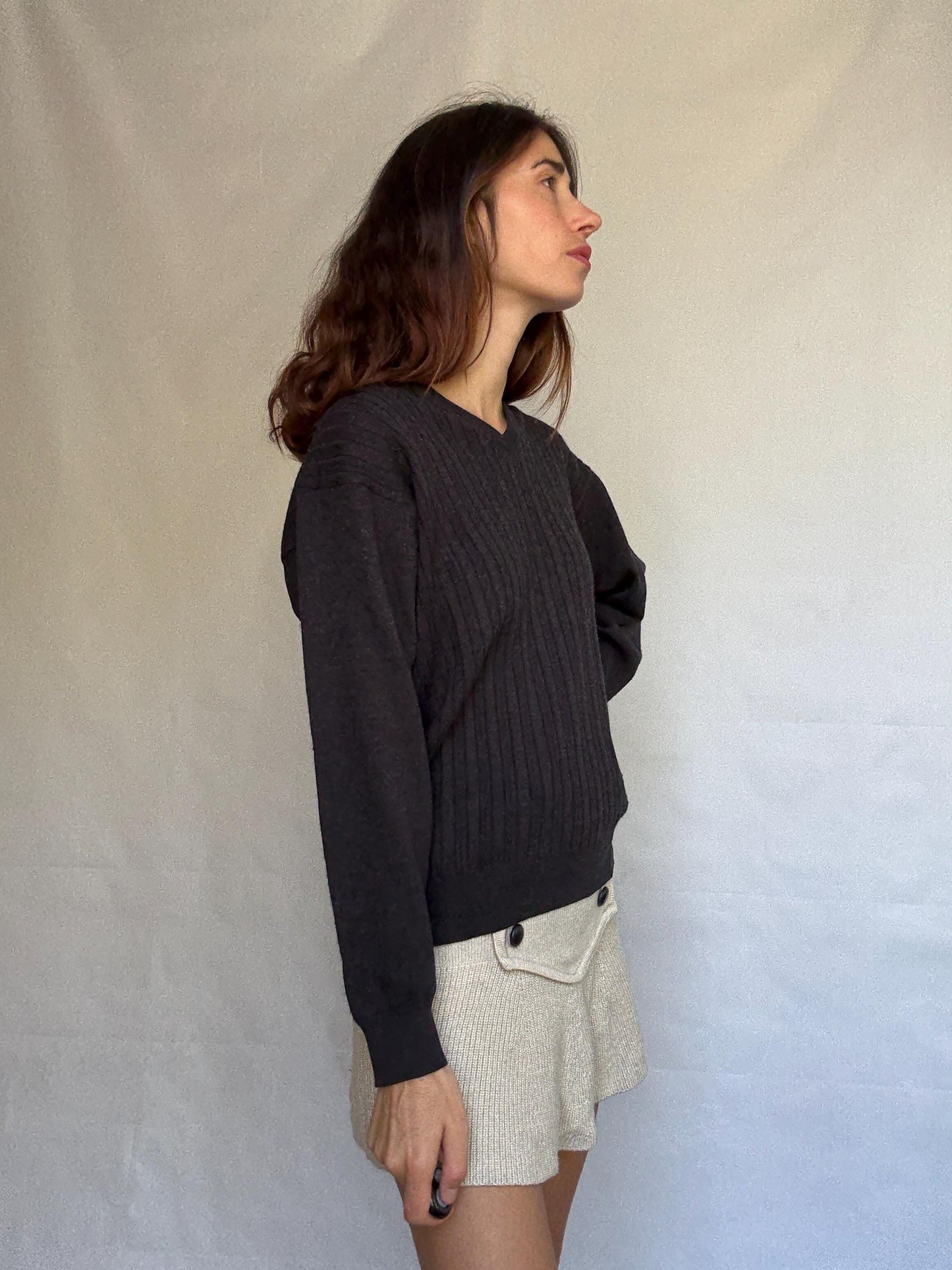 Pierre Cardin Paris dark sweater, wool blend, ribbed v neck, dark academic style, Carolyn bessette, kennedy vibe, US XL, office chic