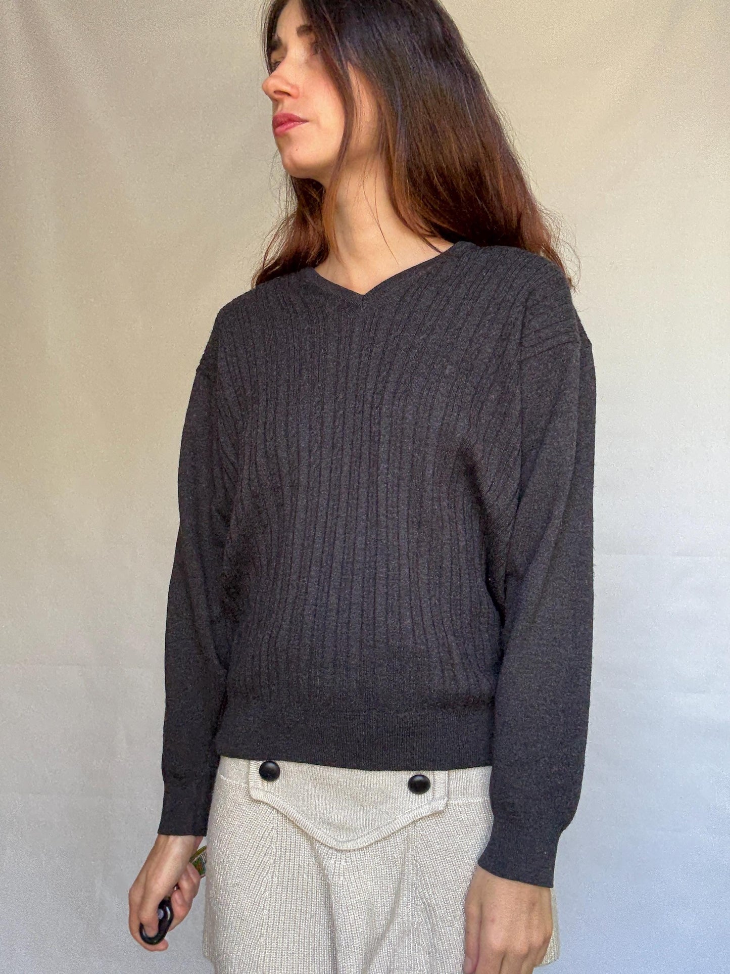 Pierre Cardin Paris dark sweater, wool blend, ribbed v neck, dark academic style, Carolyn bessette, kennedy vibe, US XL, office chic