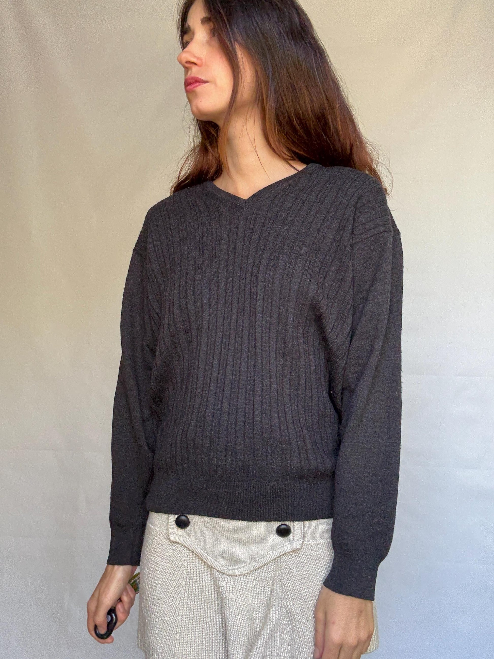 Pierre Cardin Paris dark sweater, wool blend, ribbed v neck, dark academic style, Carolyn bessette, kennedy vibe, US XL, office chic