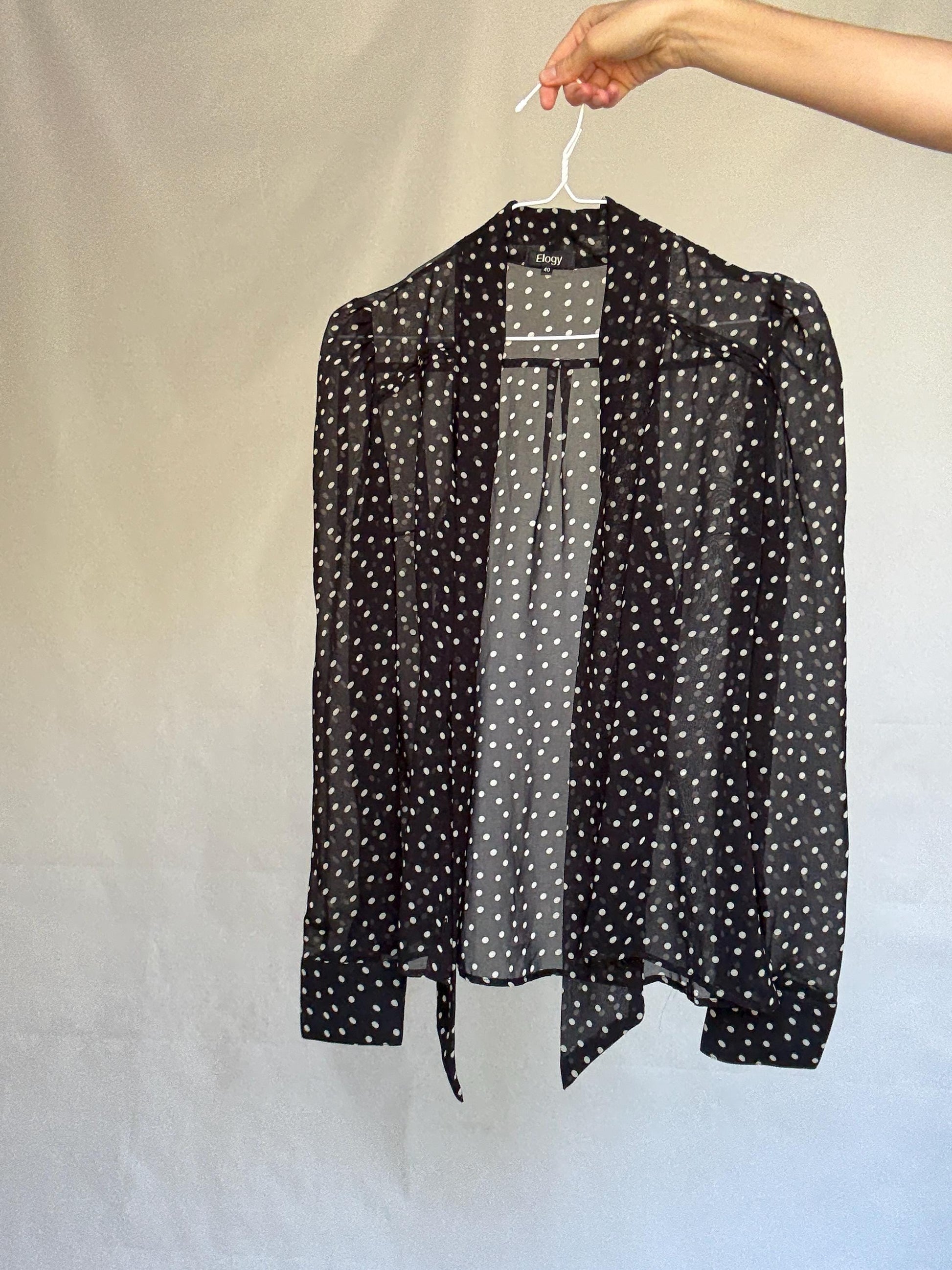 Vintage sheer black polka dot blouse, classic fit, pleated design, retro 80s, US L, evening party vibe, see through, sheer