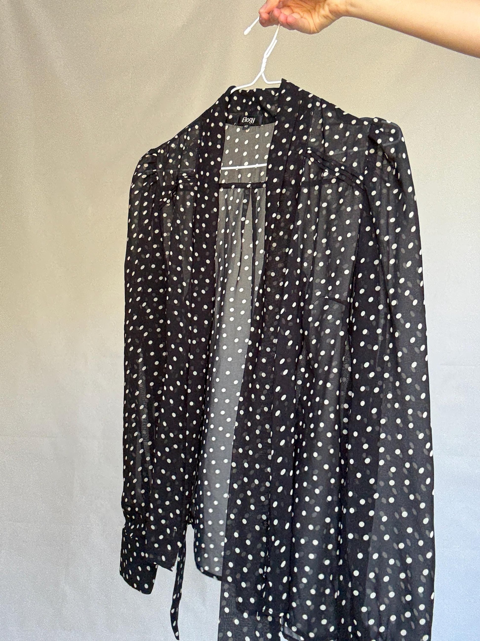 Vintage sheer black polka dot blouse, classic fit, pleated design, retro 80s, US L, evening party vibe, see through, sheer