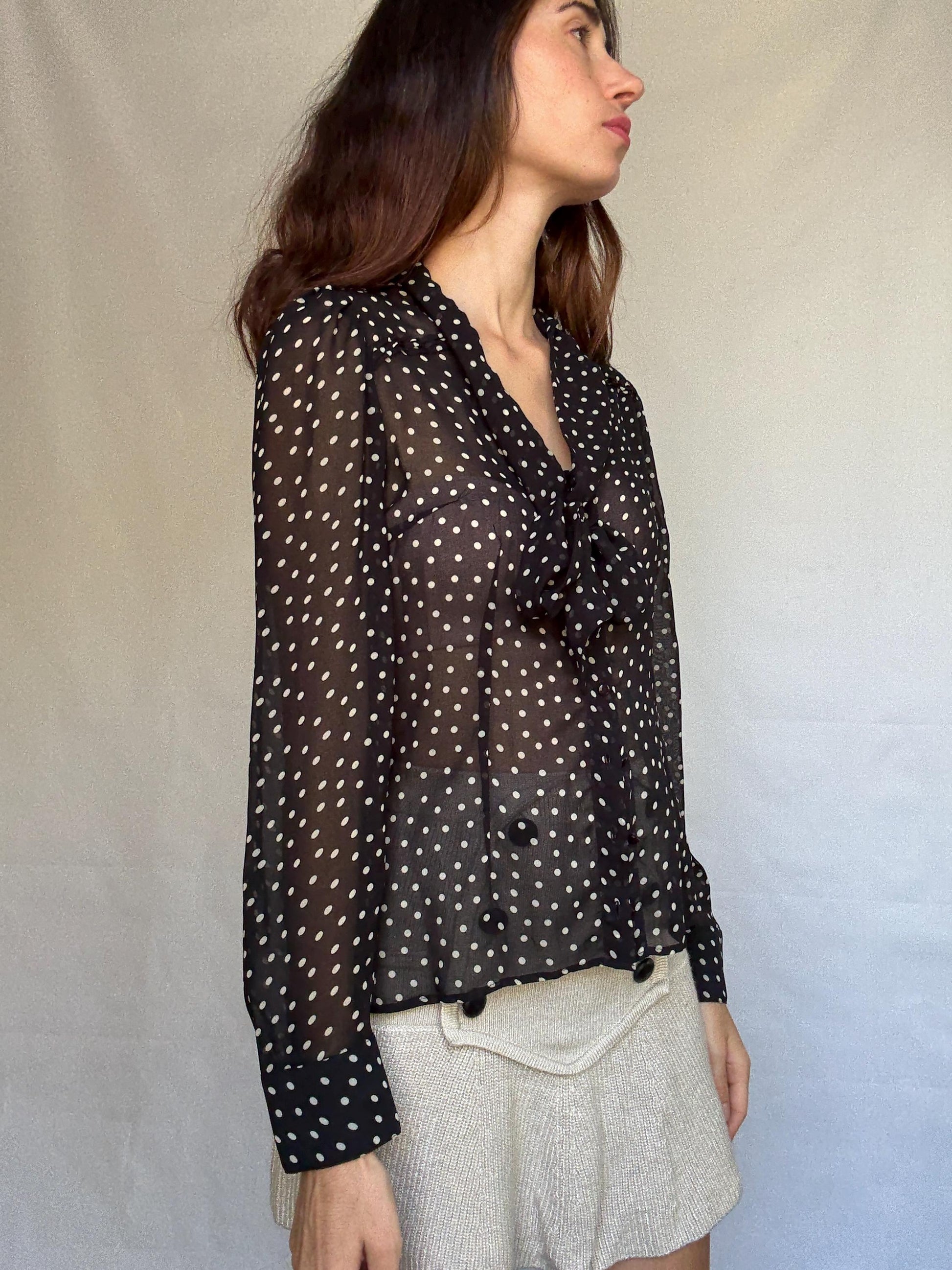 Vintage sheer black polka dot blouse, classic fit, pleated design, retro 80s, US L, evening party vibe, see through, sheer