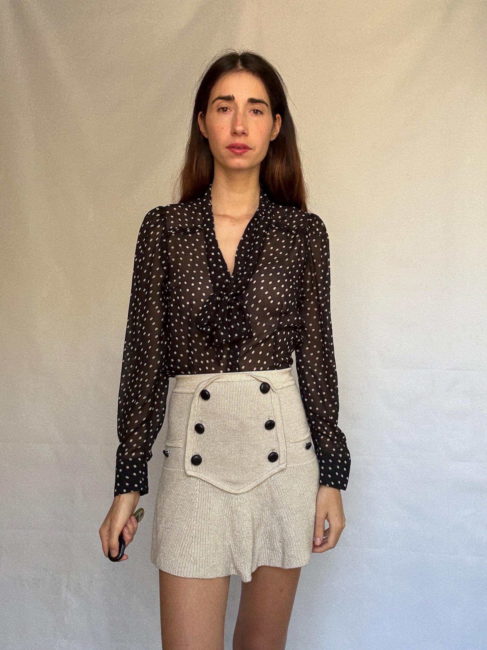 Vintage sheer black polka dot blouse, classic fit, pleated design, retro 80s, US L, evening party vibe, see through, sheer