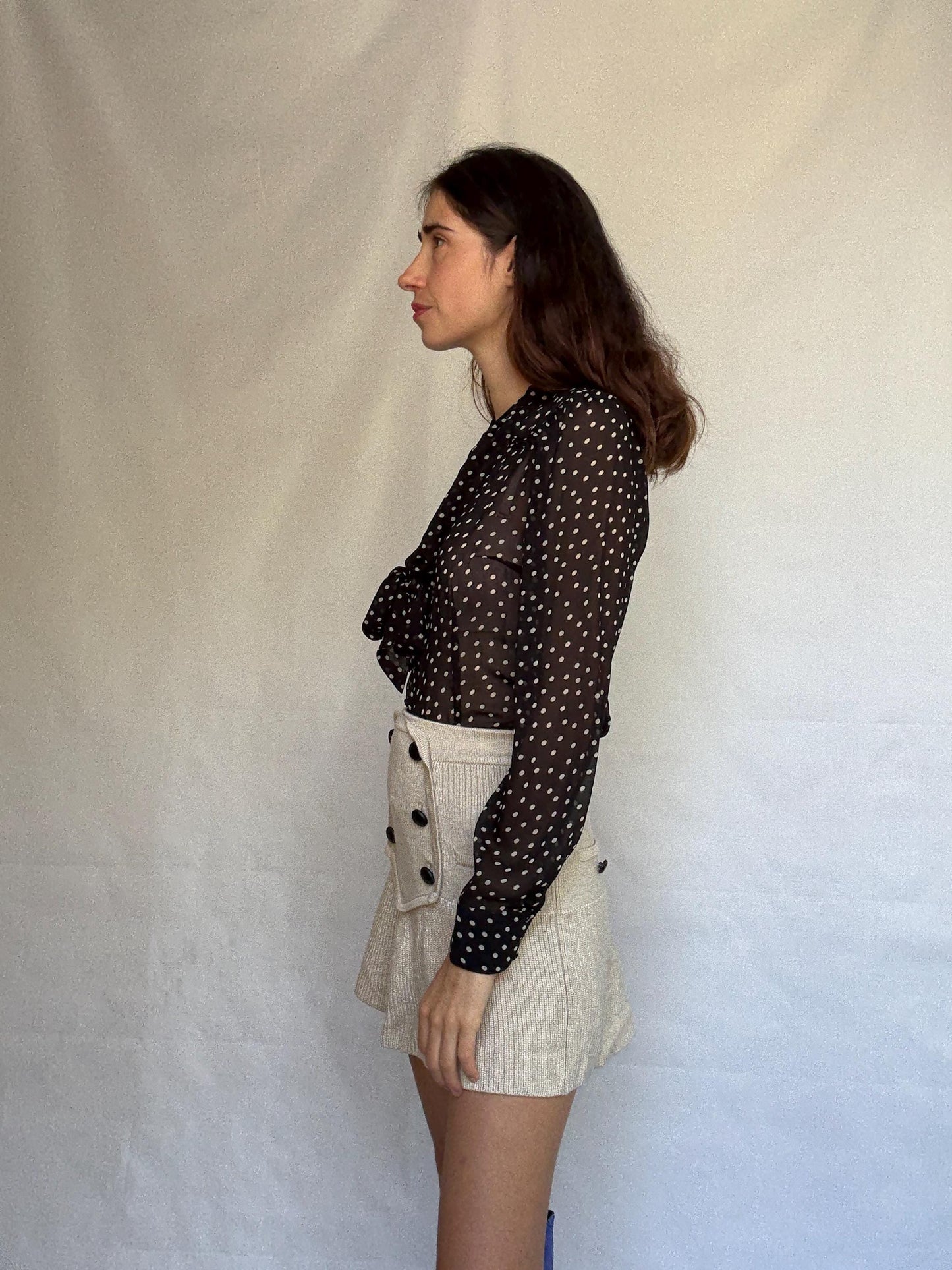 Vintage sheer black polka dot blouse, classic fit, pleated design, retro 80s, US L, evening party vibe, see through, sheer