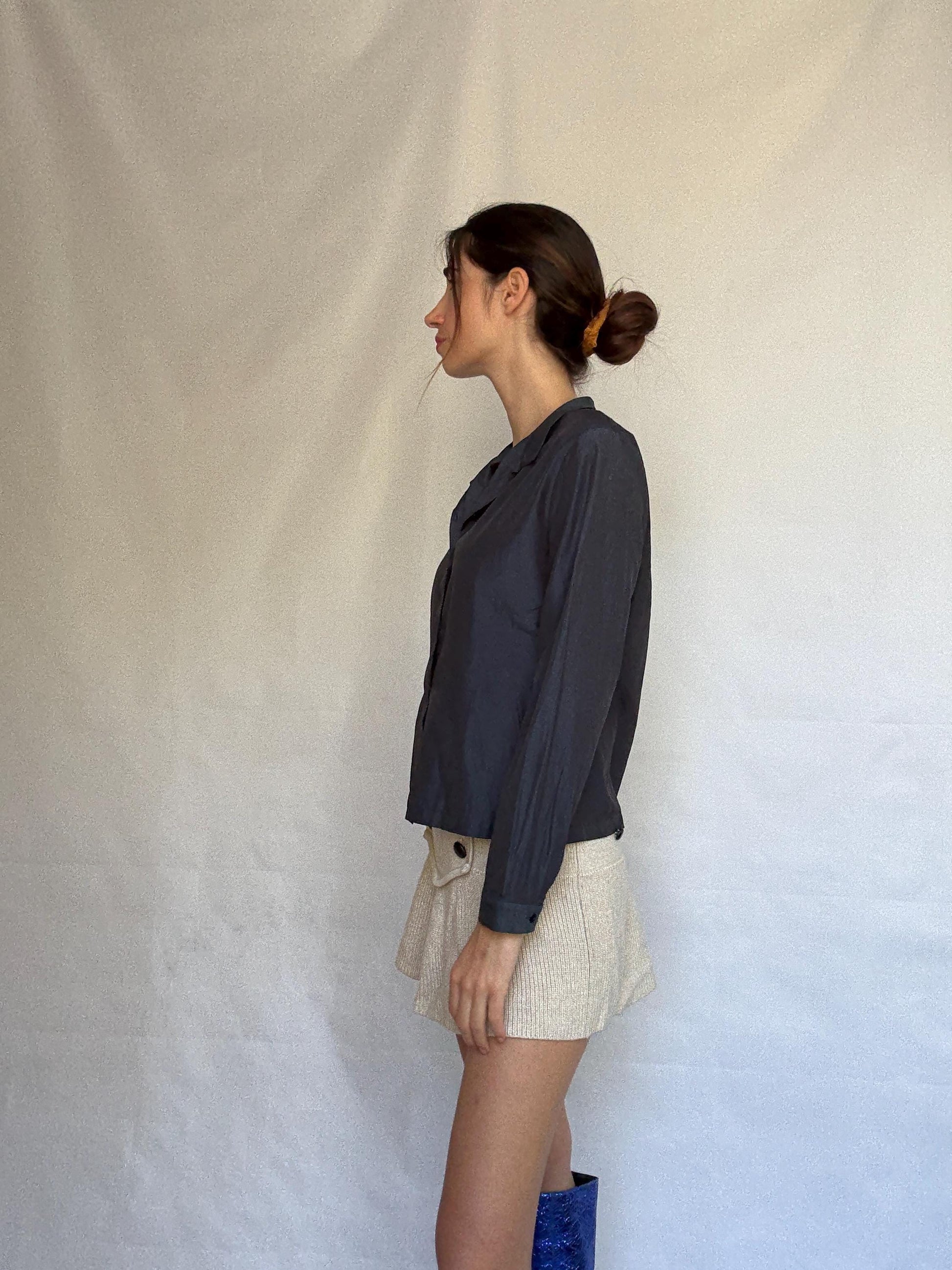 Vintage Adolfo Dominguez dark blouse, cotton, straight fit, concealed button, minimalist Carolyn bessette, kennedy, US XL, office chic