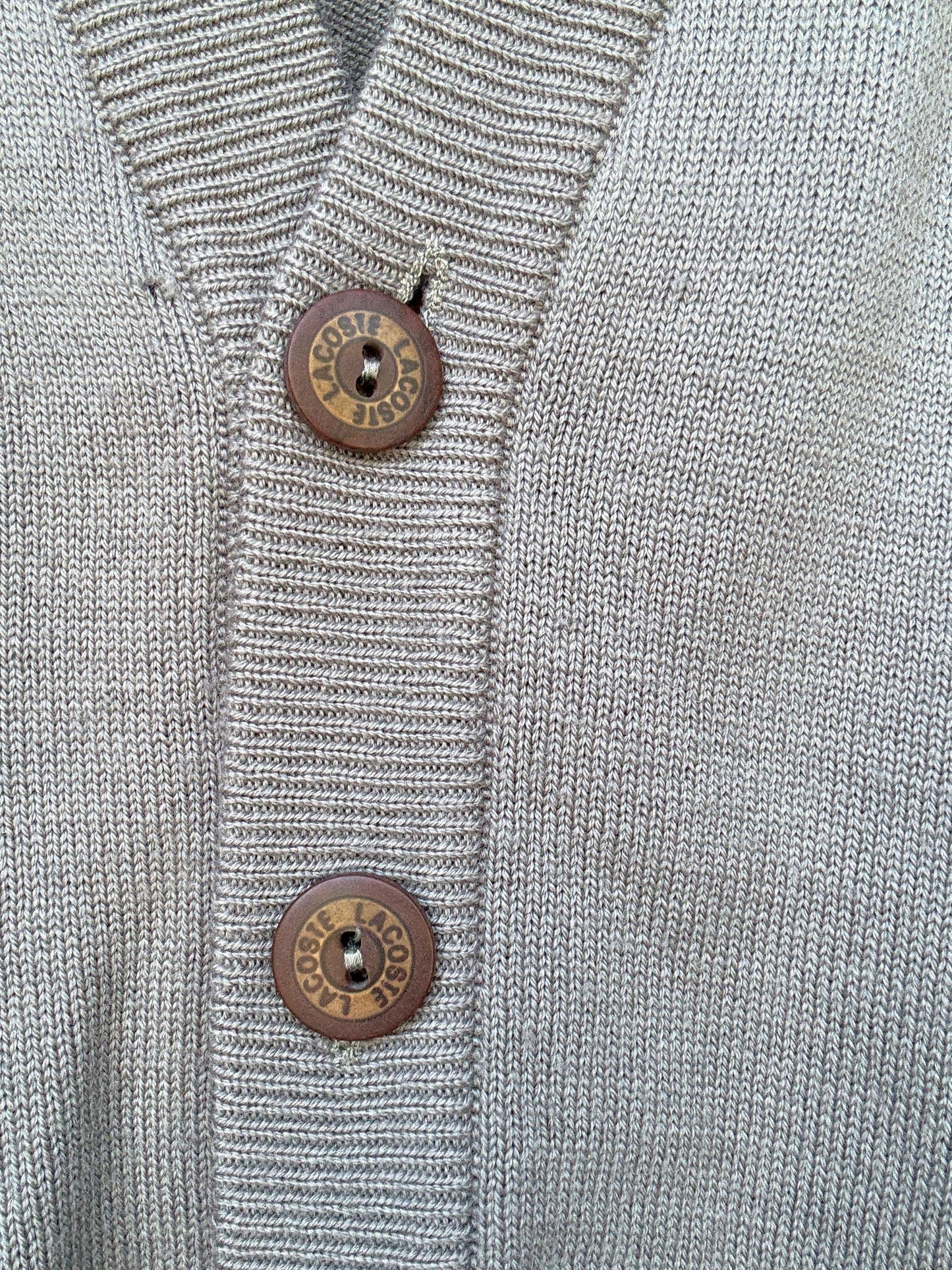 Vintage Lacoste gray cardigan, wool blend, v neck button front, ribbed cuffs, vintage casual vibe, US XL, versatile layering
