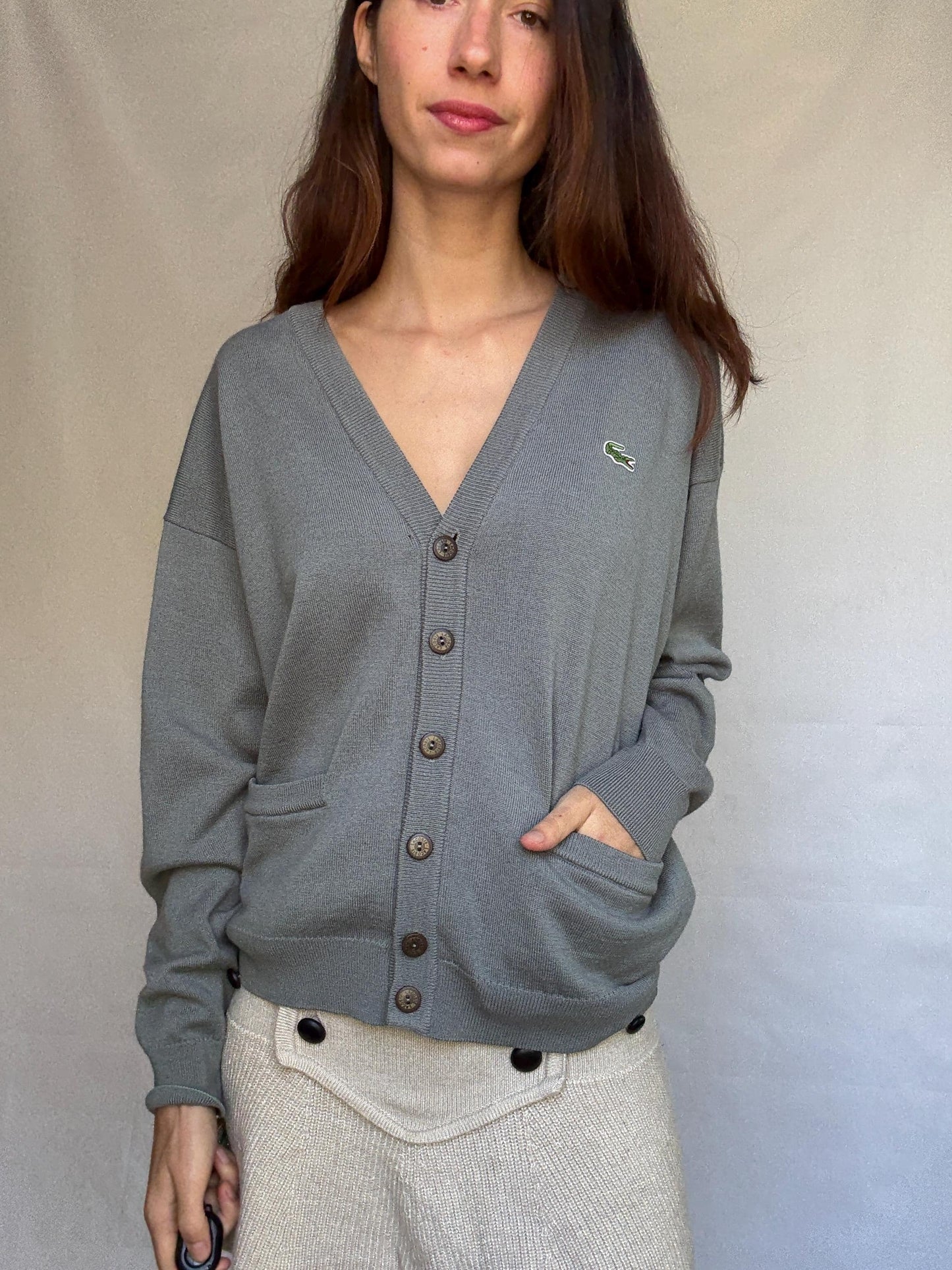 Vintage Lacoste gray cardigan, wool blend, v neck button front, ribbed cuffs, vintage casual vibe, US XL, versatile layering