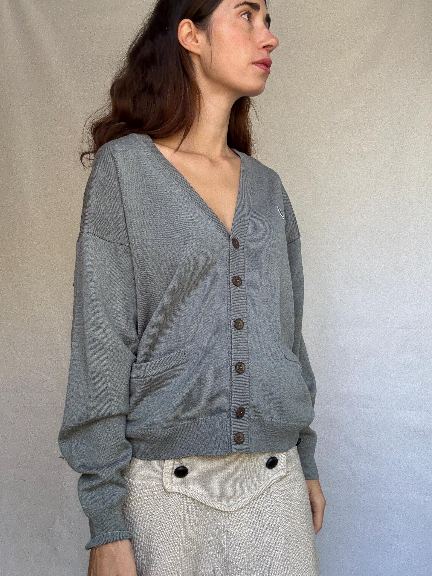 Vintage Lacoste gray cardigan, wool blend, v neck button front, ribbed cuffs, vintage casual vibe, US XL, versatile layering