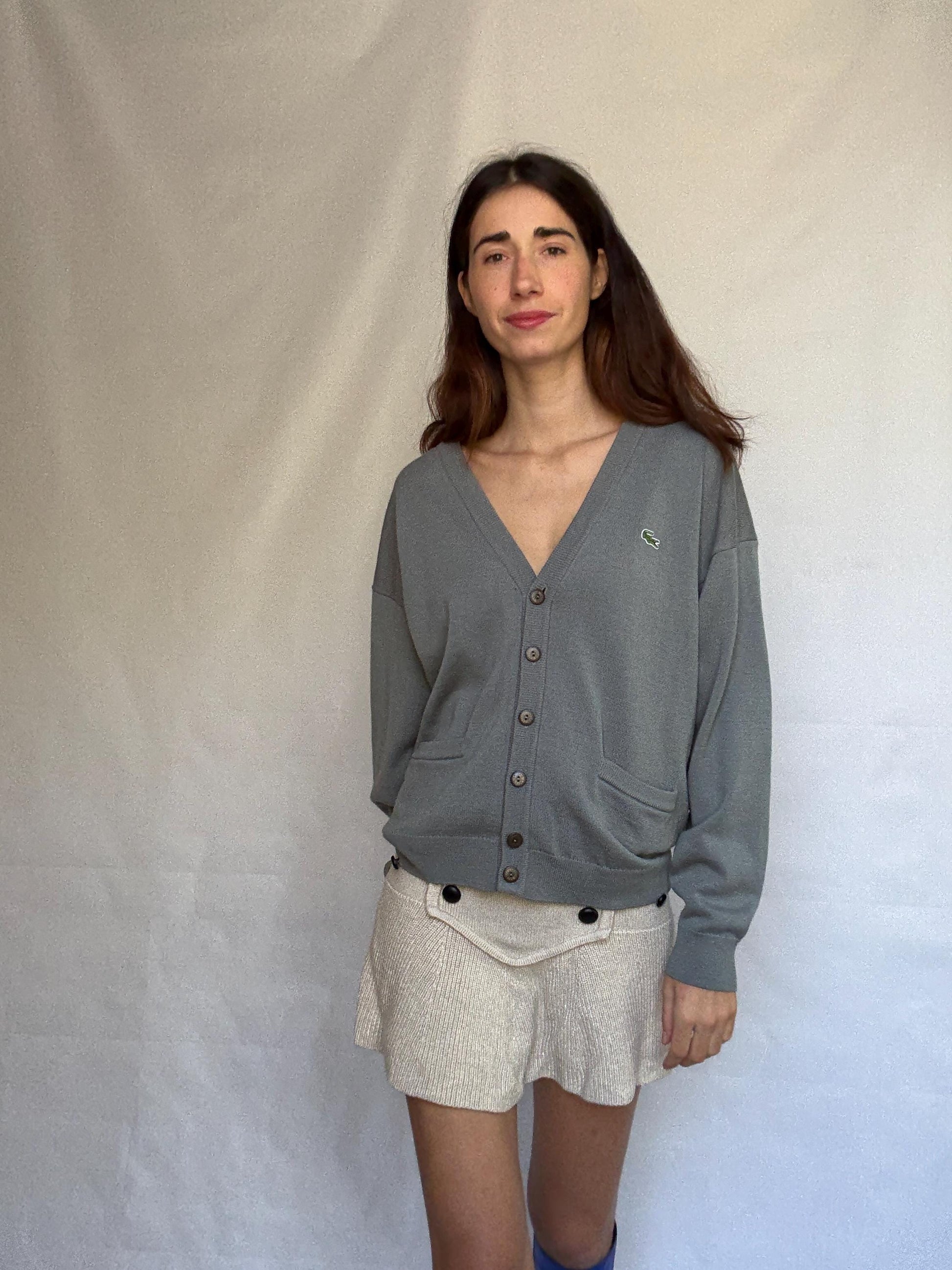 Vintage Lacoste gray cardigan, wool blend, v neck button front, ribbed cuffs, vintage casual vibe, US XL, versatile layering