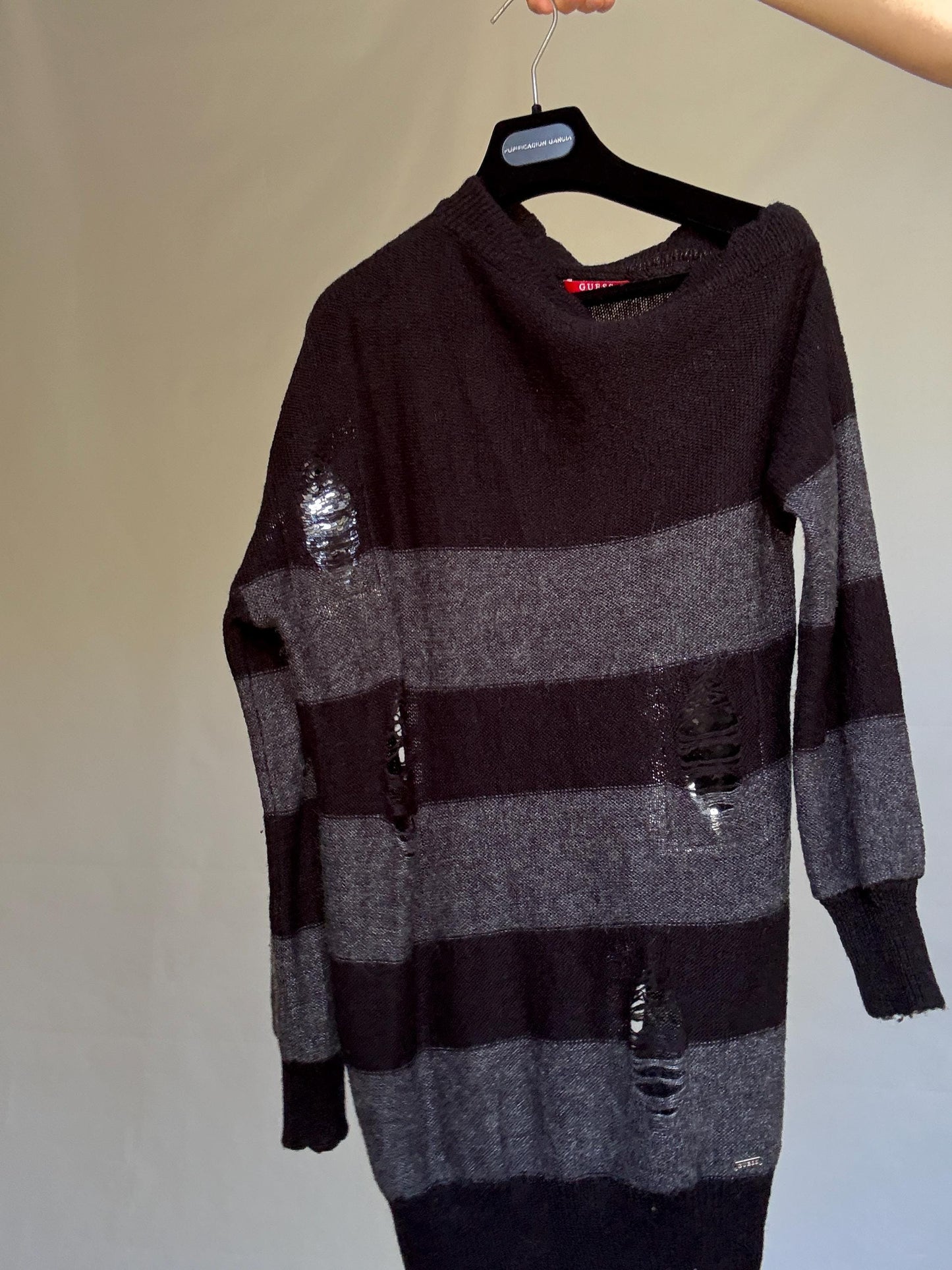 Guess Los Angeles dark gray and black asymmetric sweater dress, wool blend, slim fit, distressed knit with ribbed cuffs
