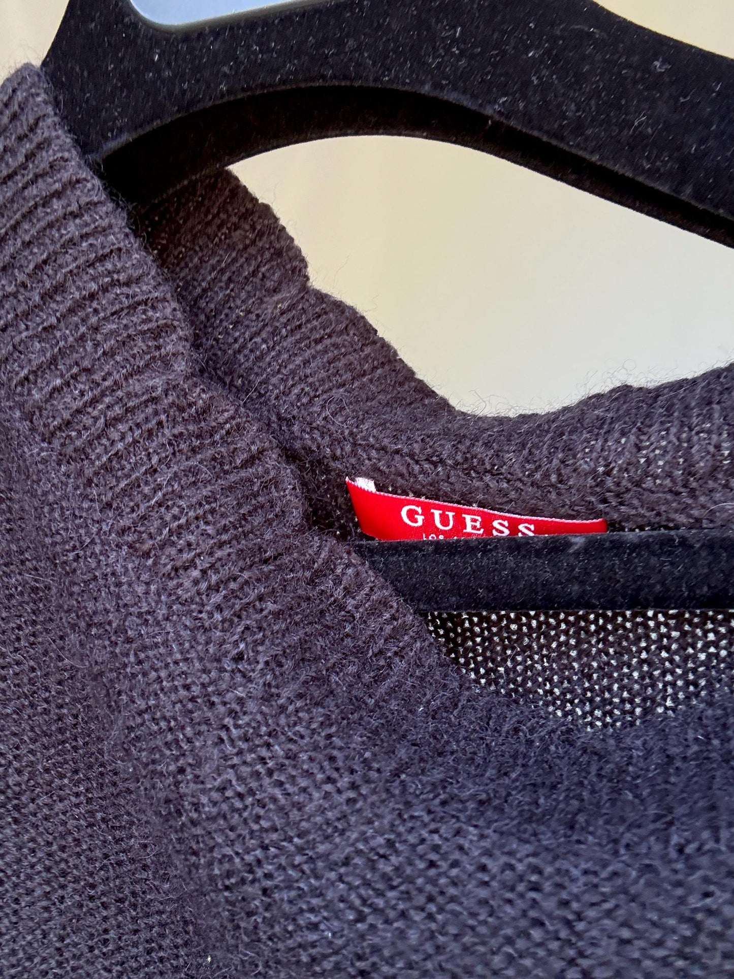 Guess Los Angeles dark gray and black asymmetric sweater dress, wool blend, slim fit, distressed knit with ribbed cuffs