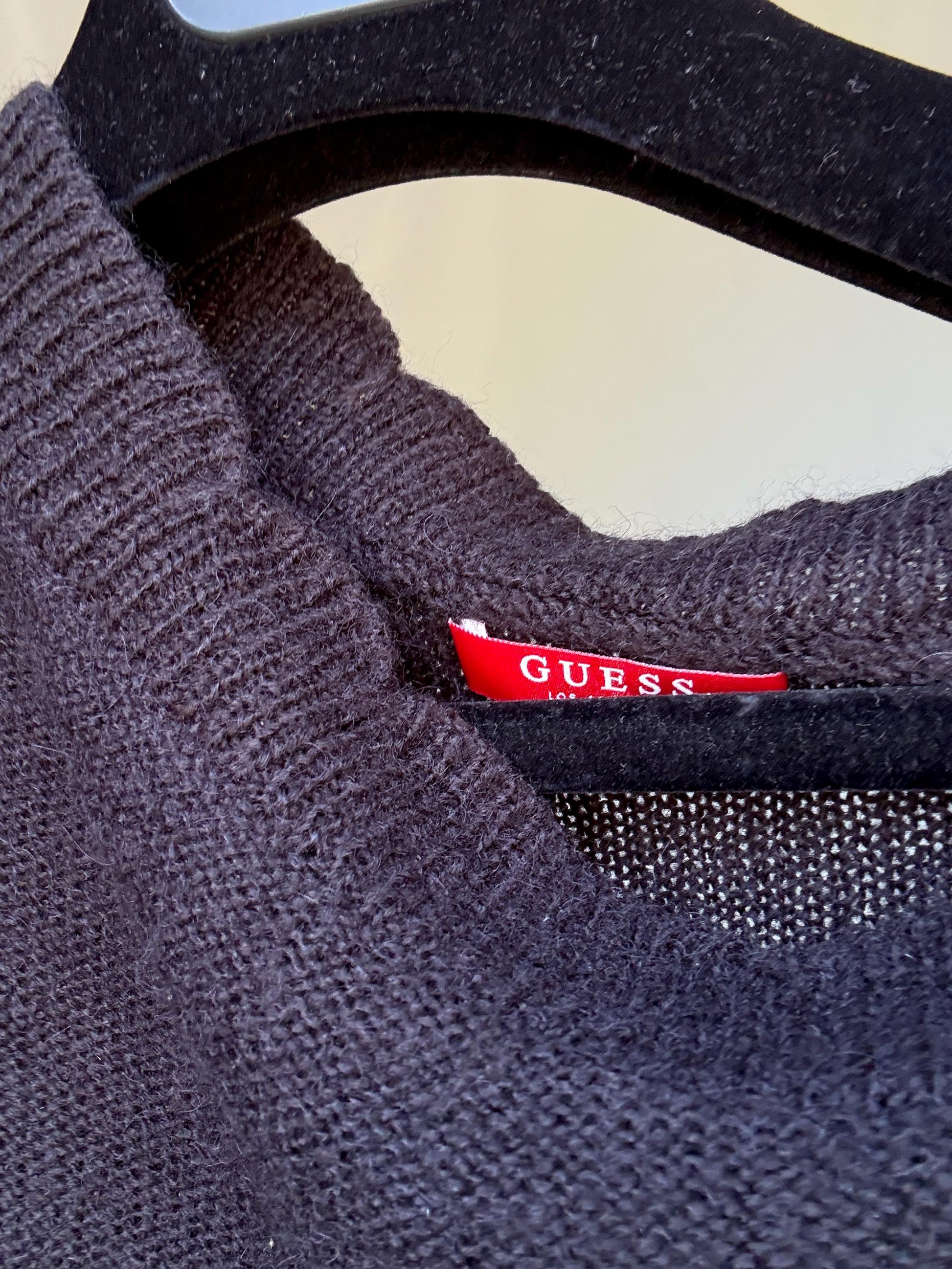 Guess Los Angeles dark gray and black asymmetric sweater dress, wool blend, slim fit, distressed knit with ribbed cuffs