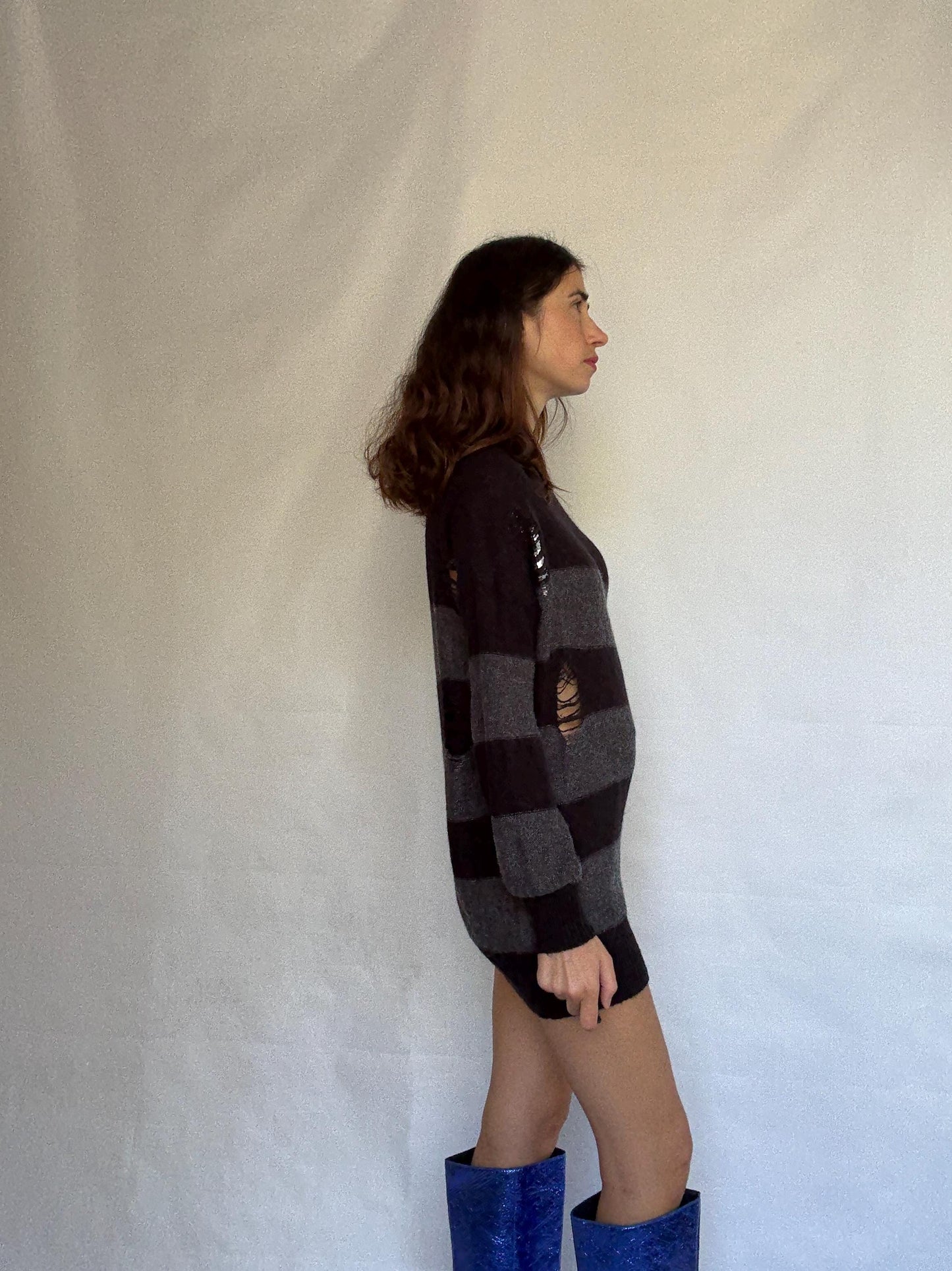 Guess Los Angeles dark gray and black asymmetric sweater dress, wool blend, slim fit, distressed knit with ribbed cuffs