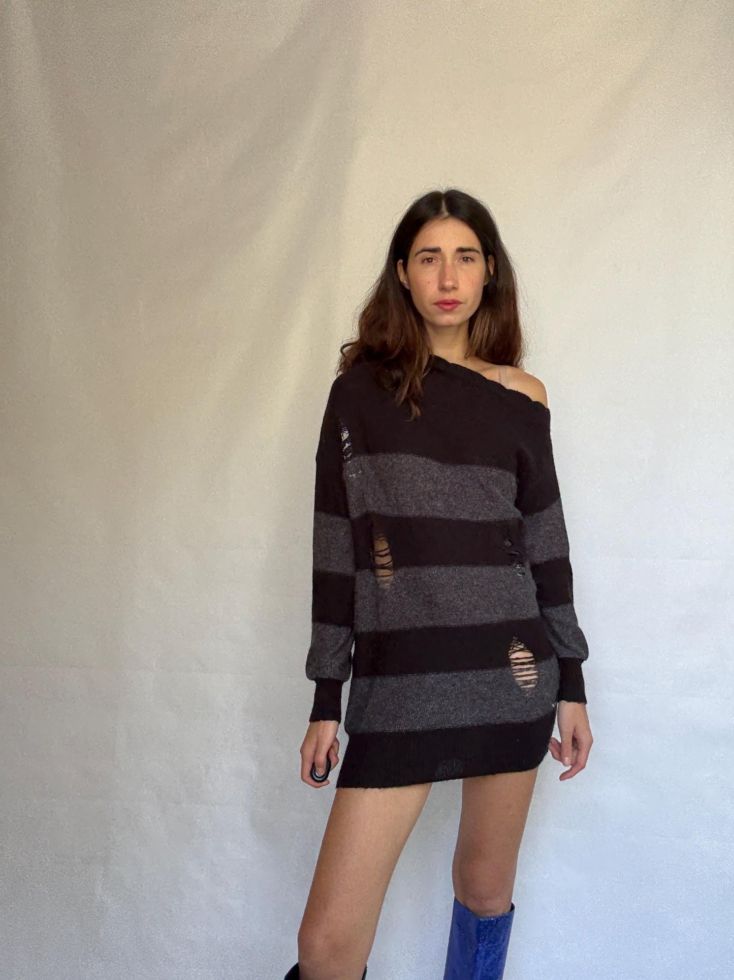 Guess Los Angeles dark gray and black asymmetric sweater dress, wool blend, slim fit, distressed knit with ribbed cuffs
