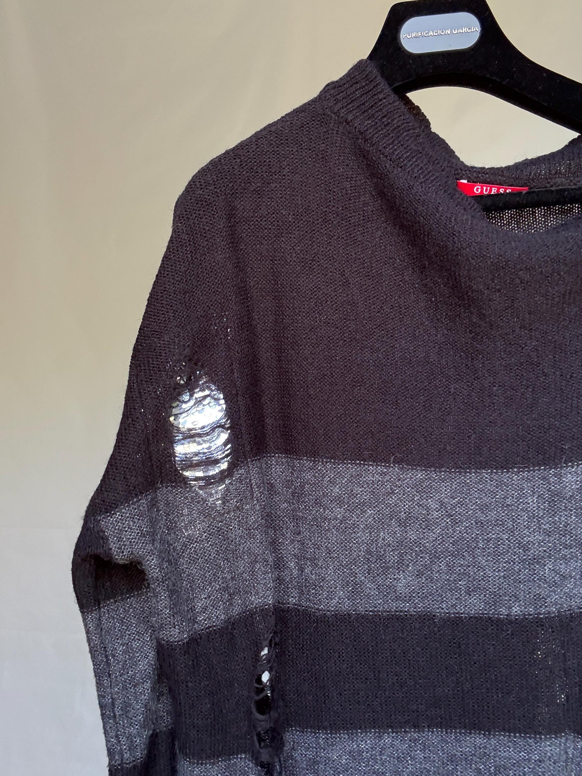 Guess Los Angeles dark gray and black asymmetric sweater dress, wool blend, slim fit, distressed knit with ribbed cuffs