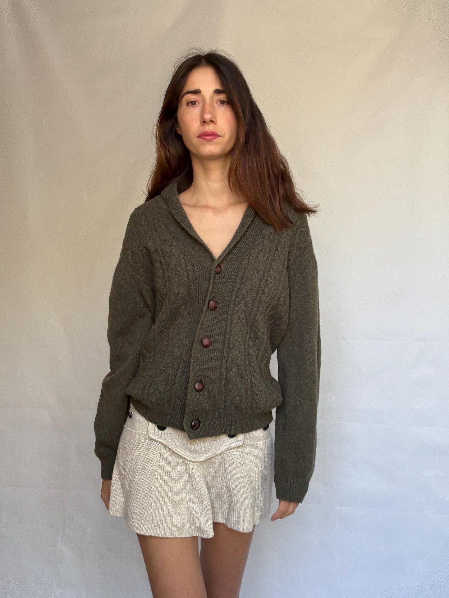 Vintage olive green cable knit Emidio Tucci sweater, wool blend, shawl collar, vintage old, money, US XL, cozy versatile wear