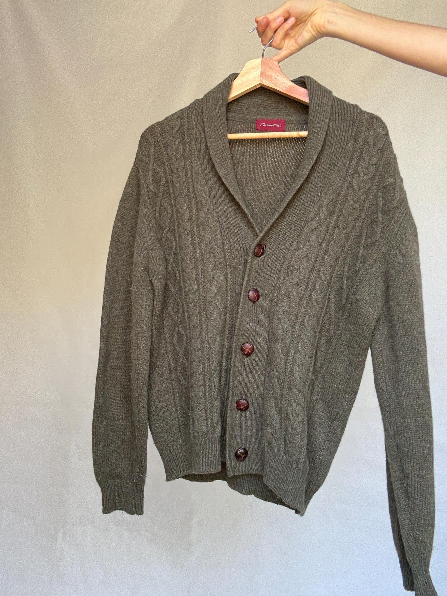 Vintage olive green cable knit Emidio Tucci sweater, wool blend, shawl collar, vintage old, money, US XL, cozy versatile wear