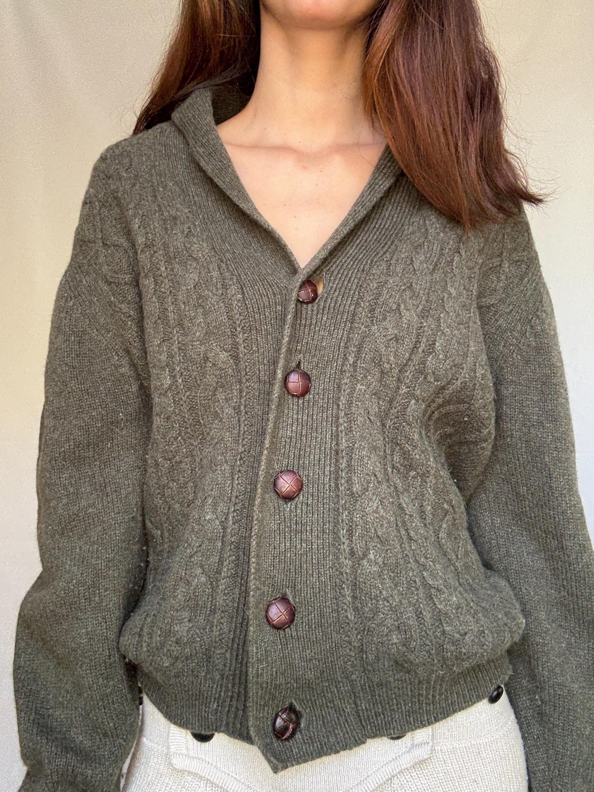 Vintage olive green cable knit Emidio Tucci sweater, wool blend, shawl collar, vintage old, money, US XL, cozy versatile wear