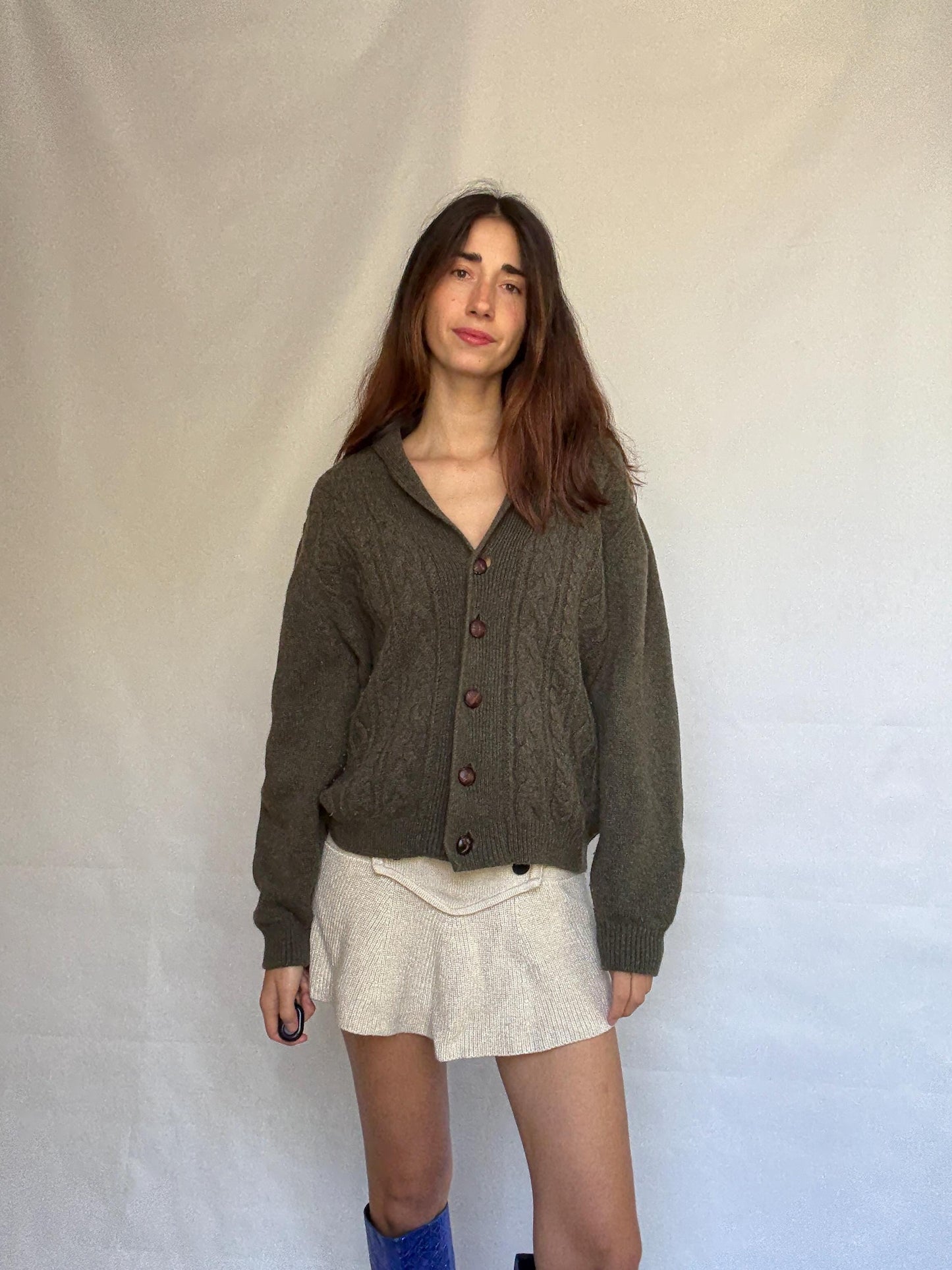 Vintage olive green cable knit Emidio Tucci sweater, wool blend, shawl collar, vintage old, money, US XL, cozy versatile wear