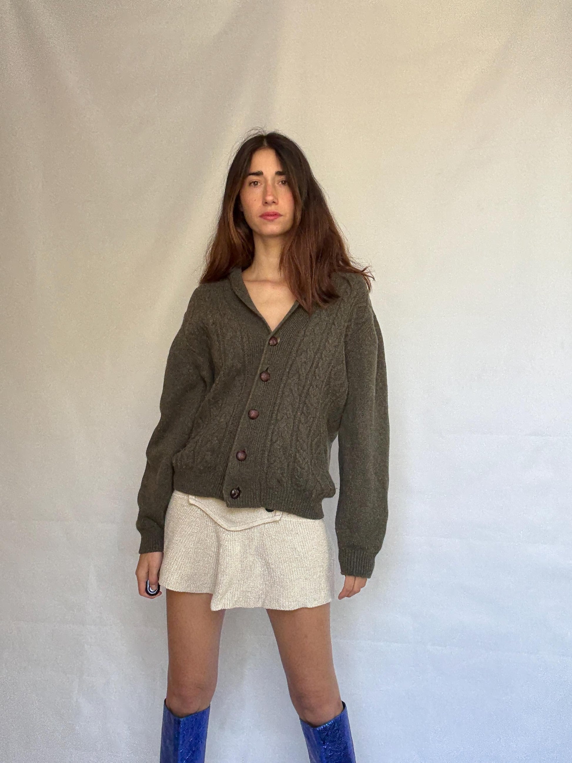 Vintage olive green cable knit Emidio Tucci sweater, wool blend, shawl collar, vintage old, money, US XL, cozy versatile wear