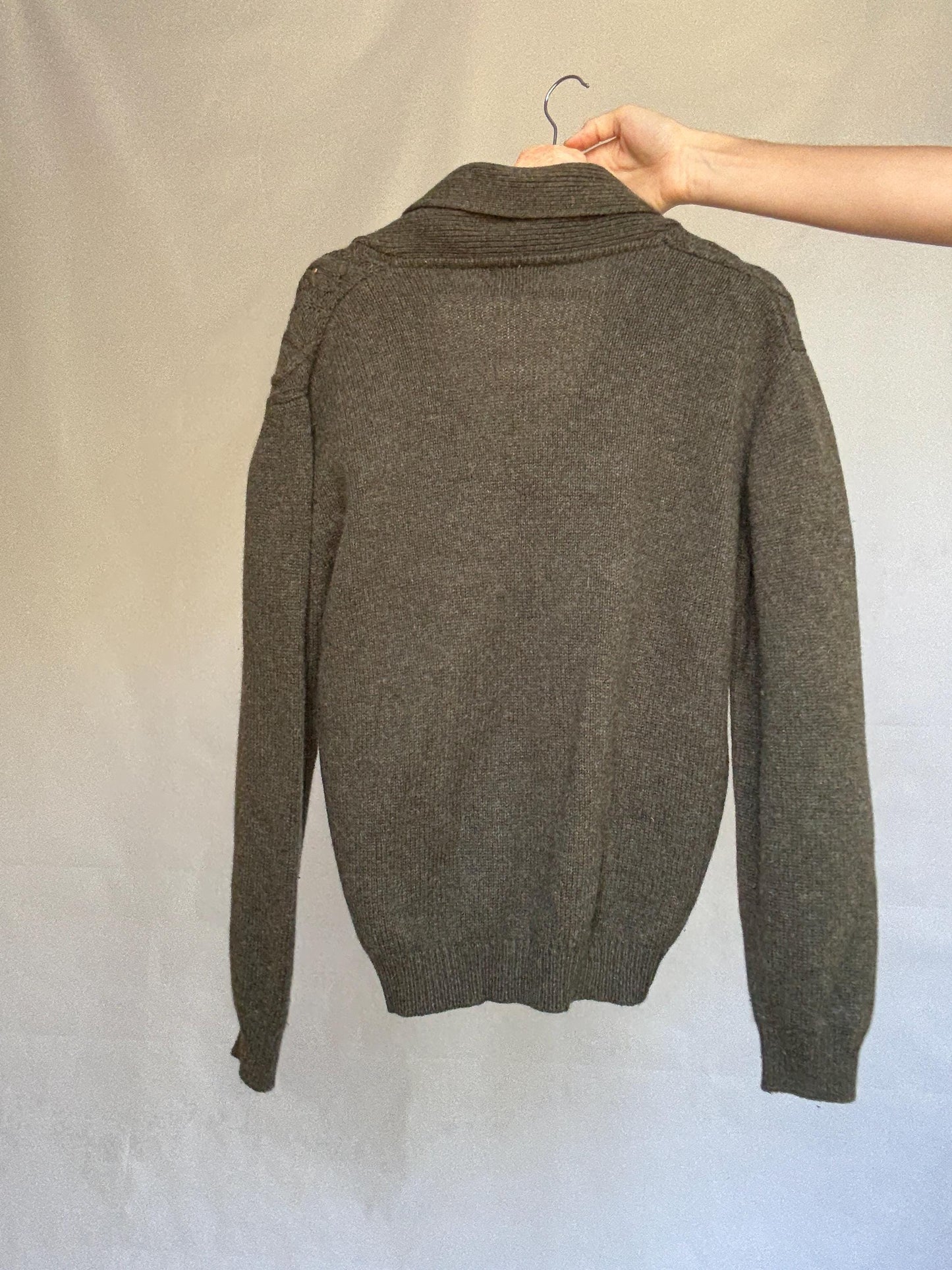 Vintage olive green cable knit Emidio Tucci sweater, wool blend, shawl collar, vintage old, money, US XL, cozy versatile wear