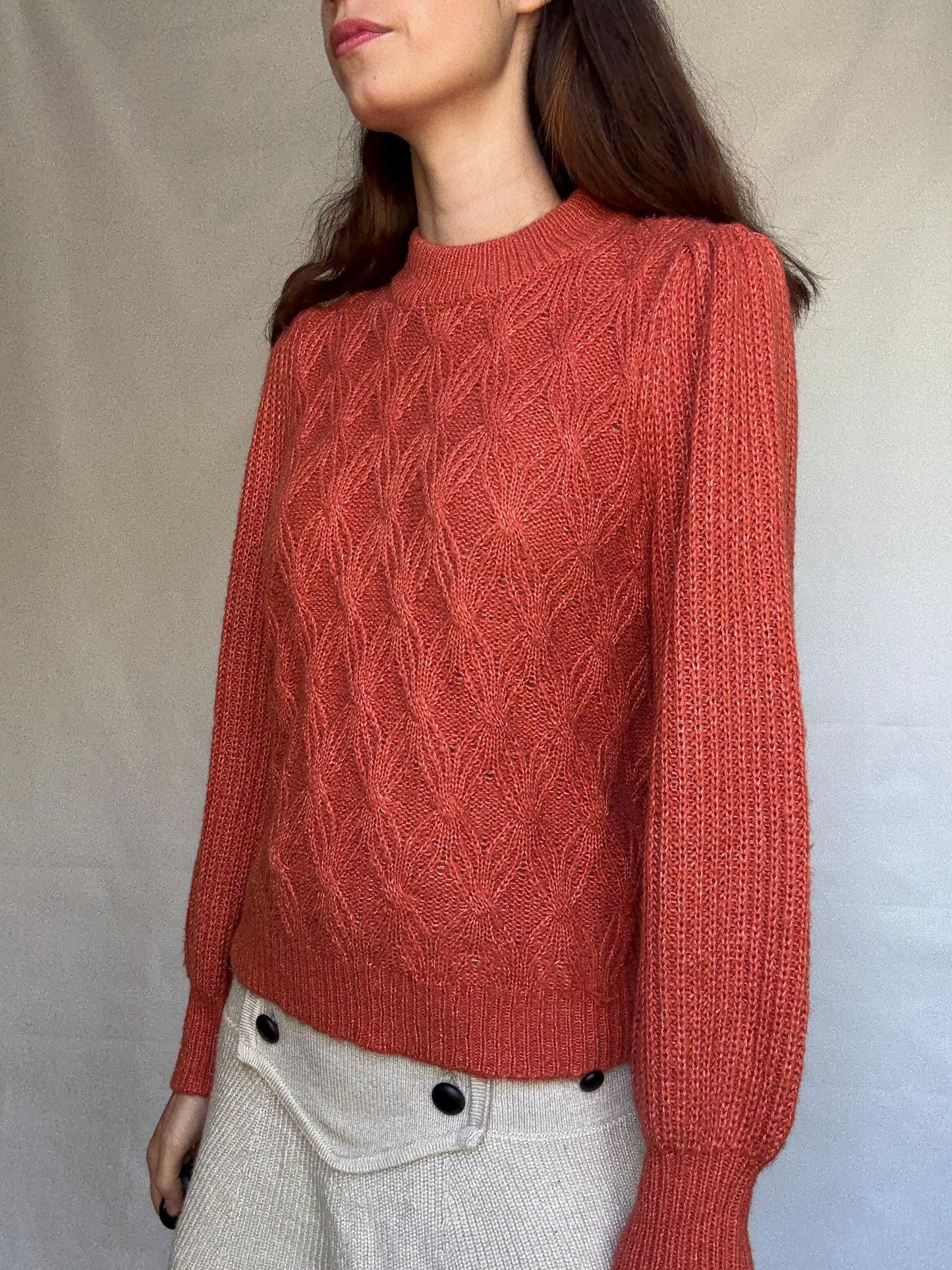 Vintage burnt orange sweater, chunky knit, ribbed crew neck, textured pattern, minimalist streetwear, US L, cozy campus style, US