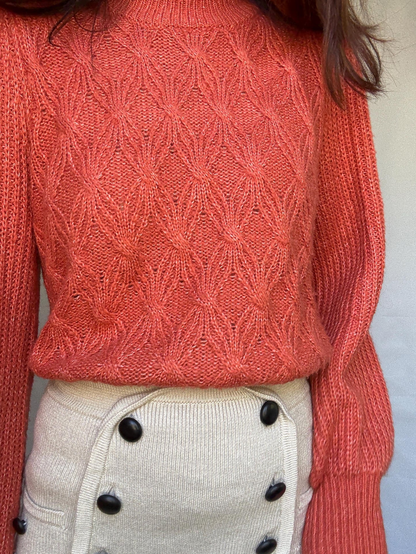 Vintage burnt orange sweater, chunky knit, ribbed crew neck, textured pattern, minimalist streetwear, US L, cozy campus style, US