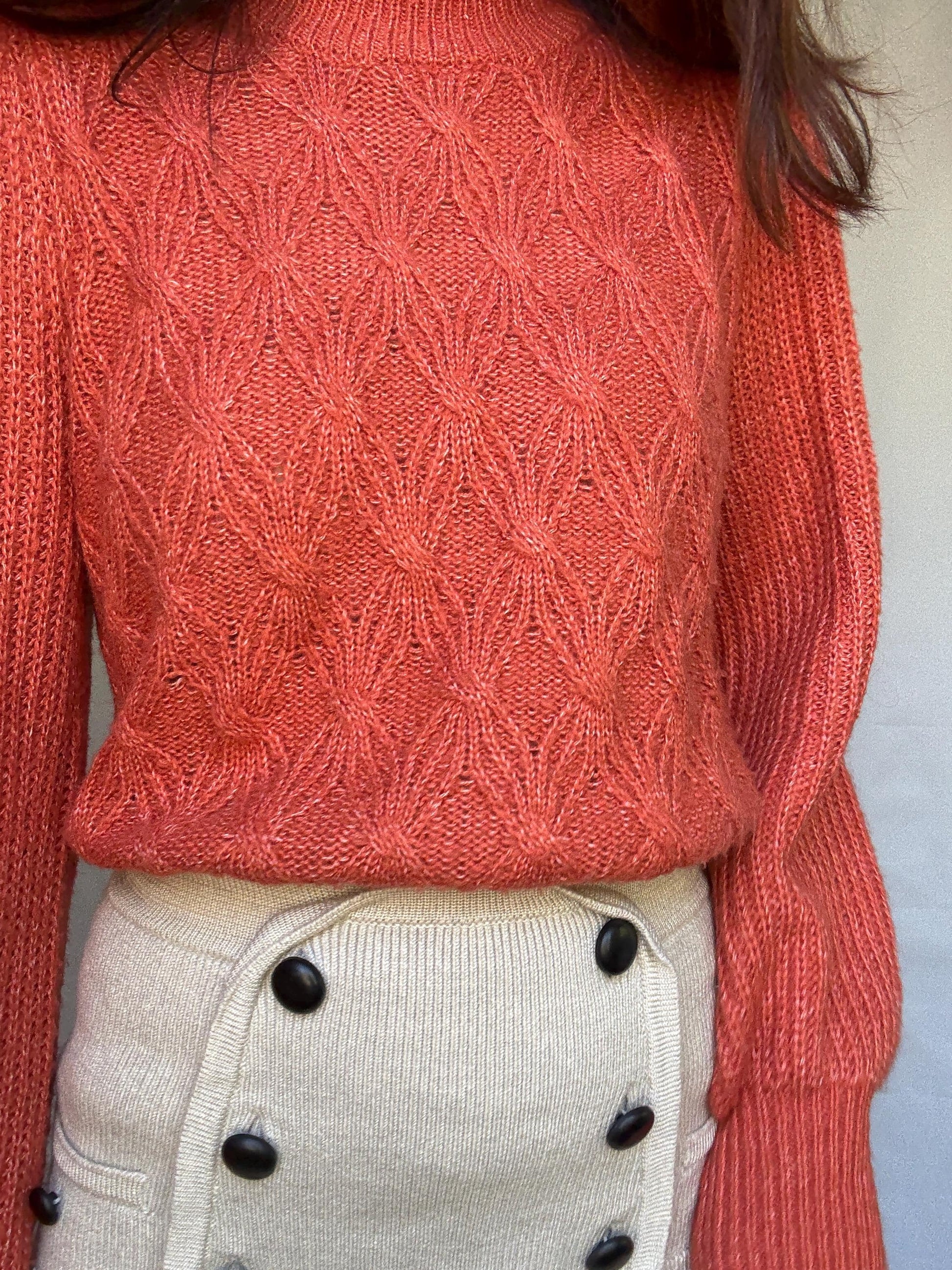 Vintage burnt orange sweater, chunky knit, ribbed crew neck, textured pattern, minimalist streetwear, US L, cozy campus style, US