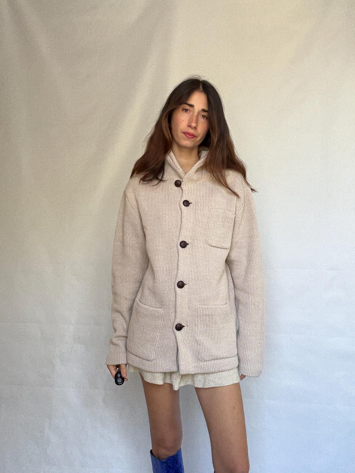 Pedro del Hierro beige knitted jacket, wool blend, ribbed high collar, three front pockets, light academia Timothée Chalamet, US XXL