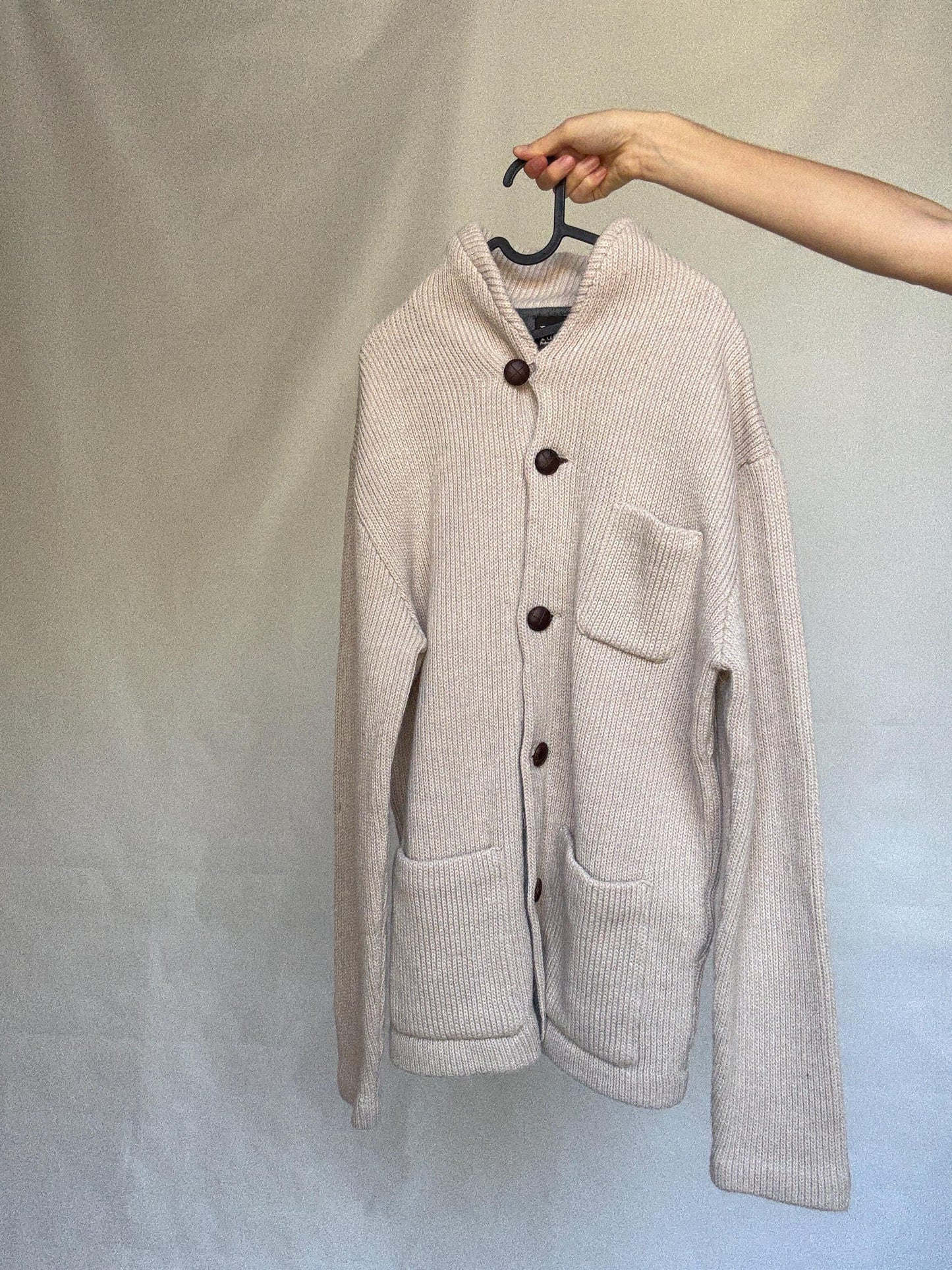 Pedro del Hierro beige knitted jacket, wool blend, ribbed high collar, three front pockets, light academia Timothée Chalamet, US XXL