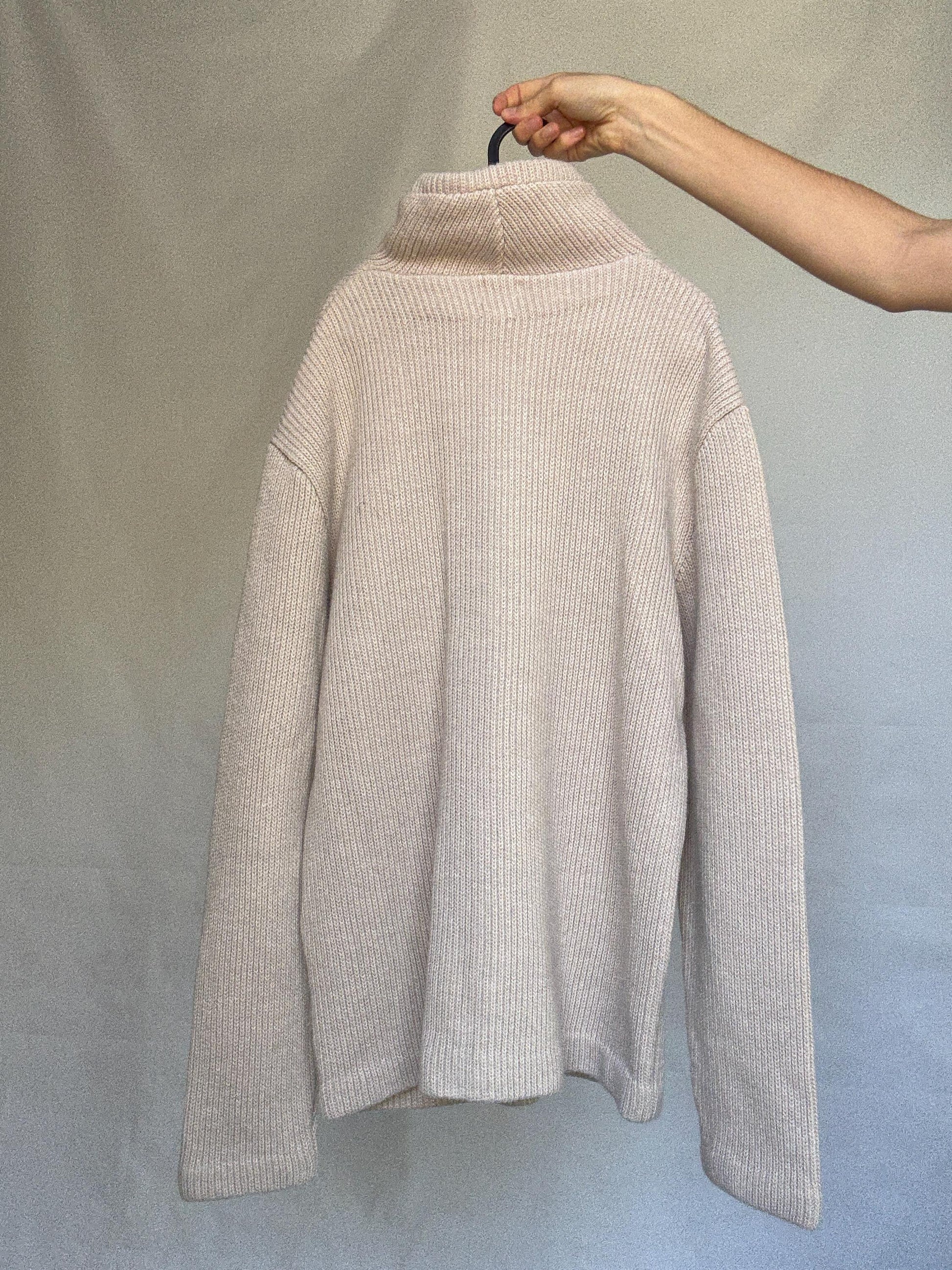 Pedro del Hierro beige knitted jacket, wool blend, ribbed high collar, three front pockets, light academia Timothée Chalamet, US XXL